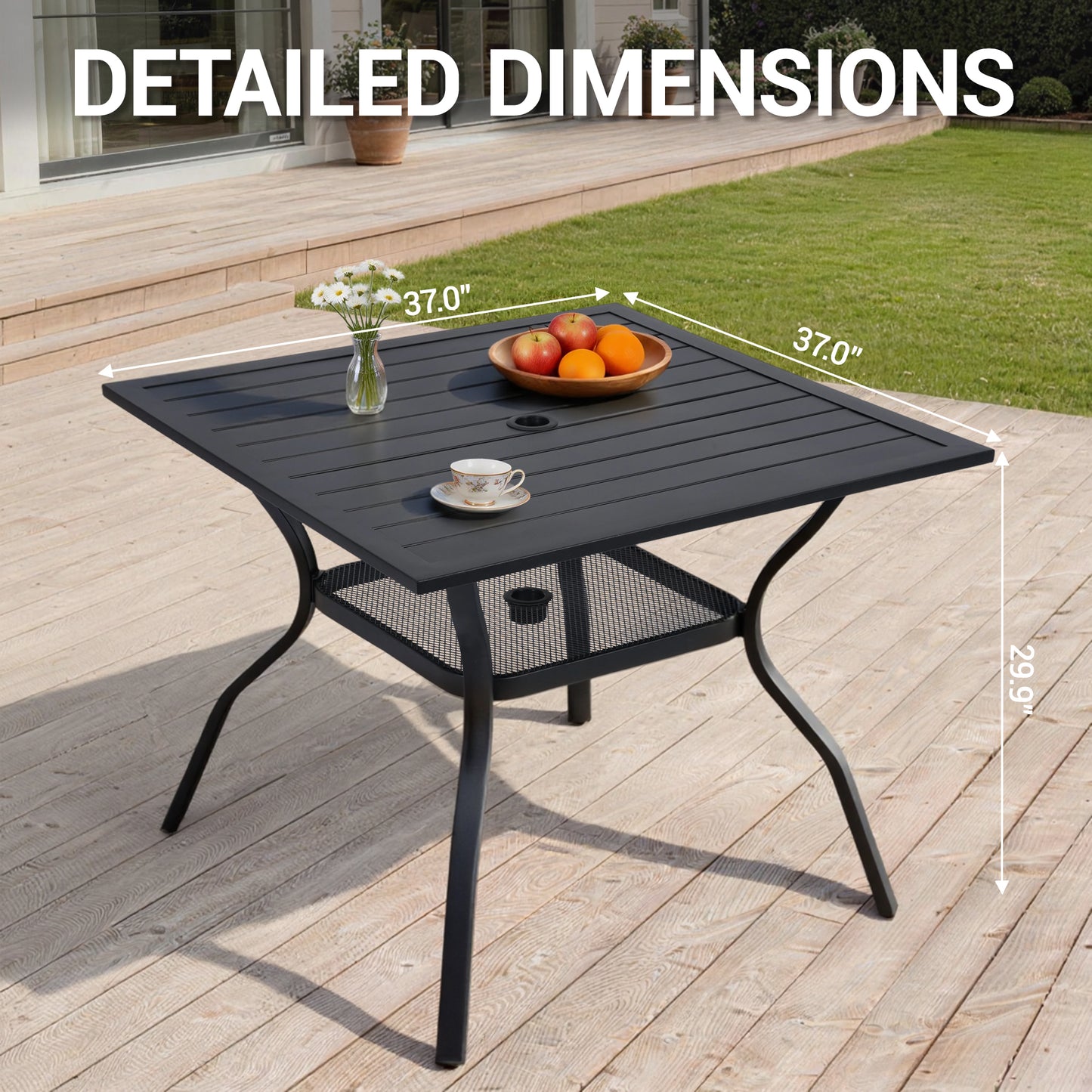 DELMANGO 37" Outdoor Dining Table for 4, Metal Square Patio Dining Table with Adjustable Umbrella Hole for Garden, Backyard and Porch, Black