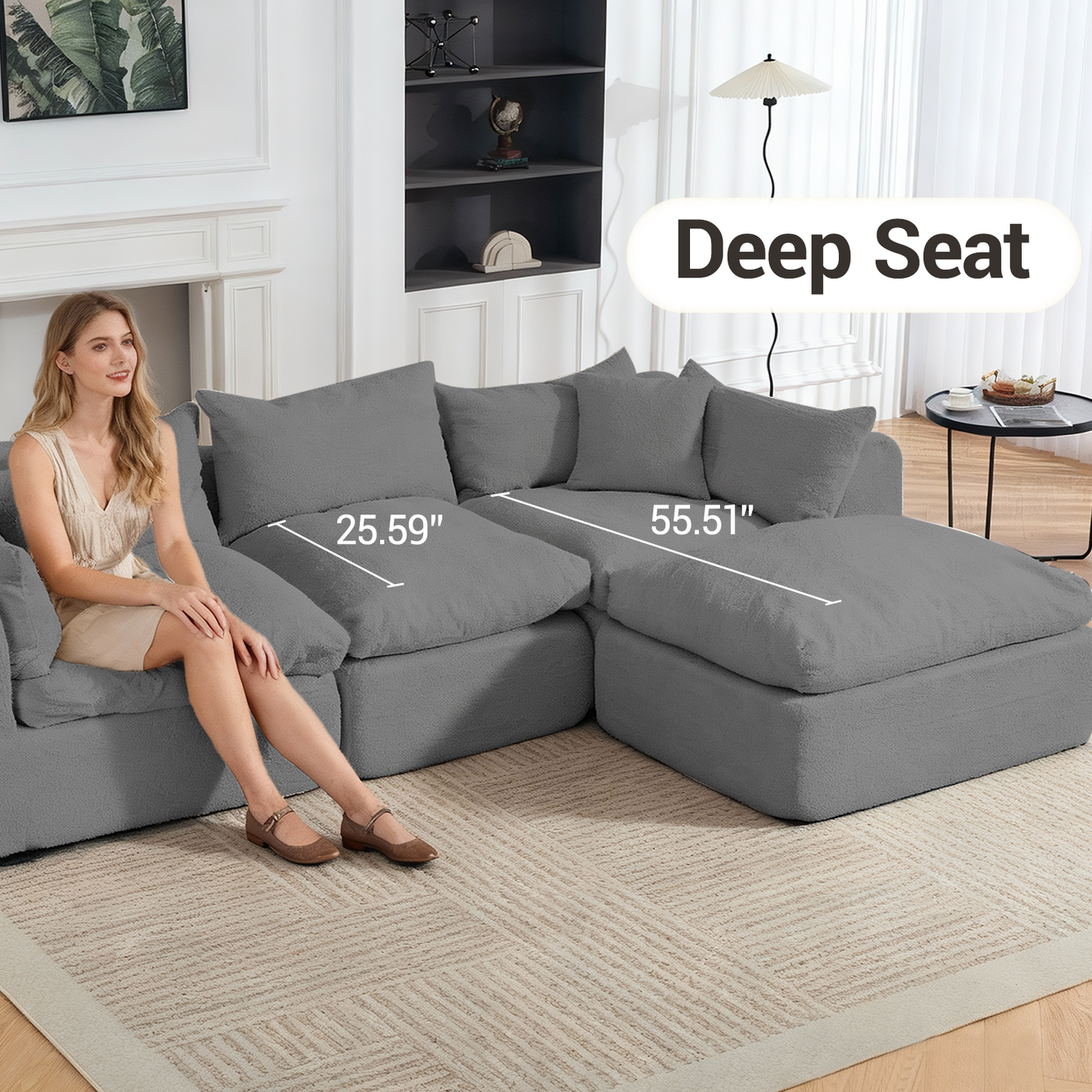 DELMANGO 113 Inch Modular L-Shape Cloud Velvet Sectional Couch, Boneless Convertible Sofa Set with Ottoman, No Assembly, Grey