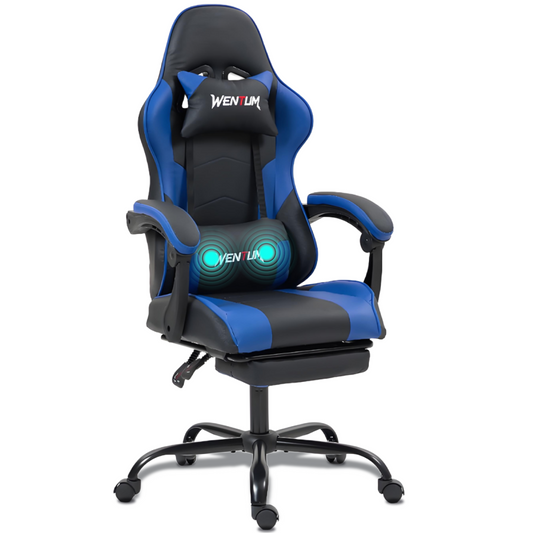 DELMANGO Ergonomic Reclining Gaming Chair with Linkage Armrests & Footrest, Racing Style Office Chair, PU Leather Computer Desk Chair, Blue
