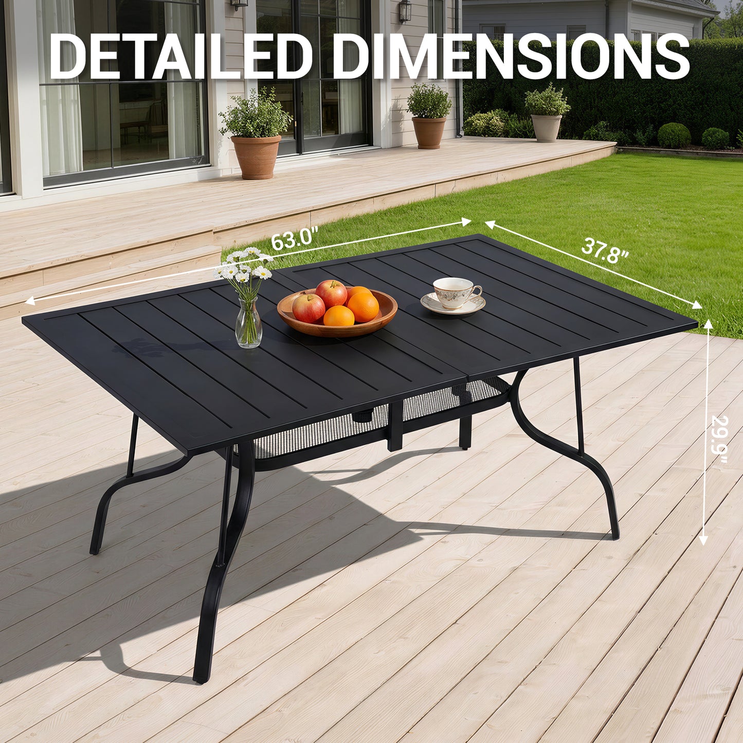 DELMANGO 63"x38" Outdoor Dining Table for 6, Metal Rectangle Patio Dining Table with Adjustable Umbrella Hole for Garden, Backyard and Porch, Black
