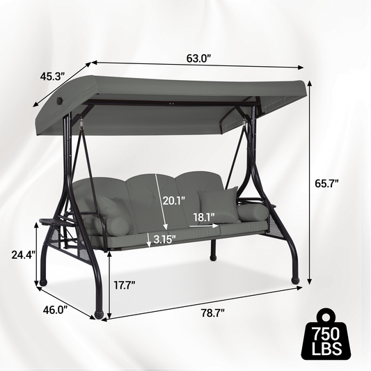 DELMANGO 3-Seat Outdoor Porch Swing with Adjustable Canopy, 2 in 1 Convertible Patio Swing Bed, Patio Glider Swing for Backyard, Gray