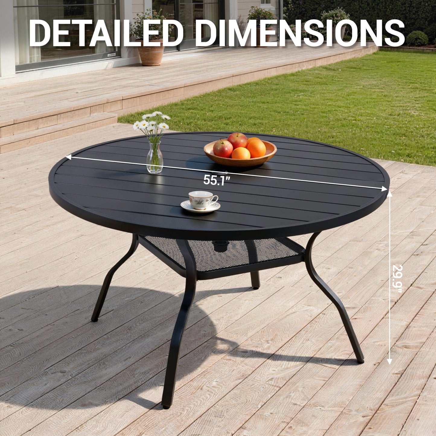 DELMANGO 55" Outdoor Dining Table for 6-8, Metal Round Patio Dining Table with Adjustable Umbrella Hole for Garden, Backyard and Porch, Black