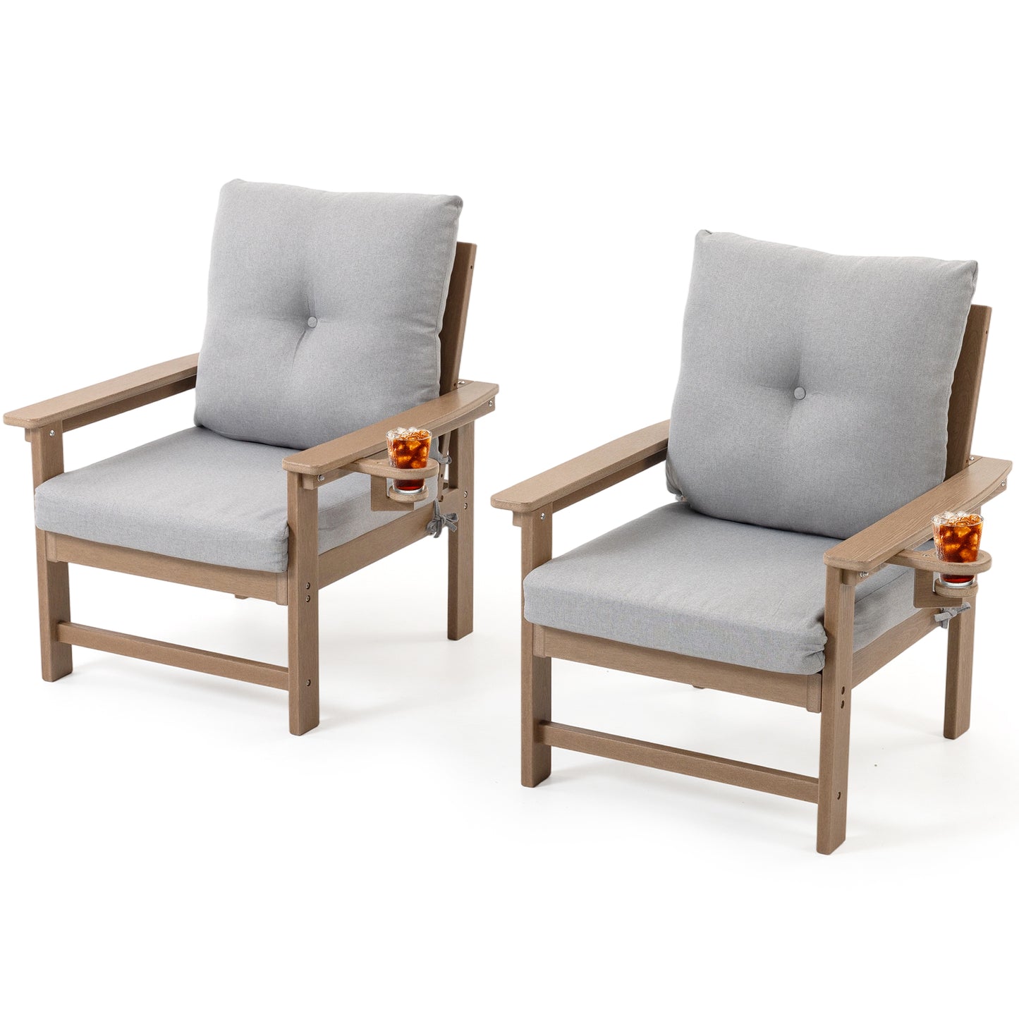 DELMANGO 2-Piece Outdoor Patio Chairs Set with Removable Washable Cushions and Cup Holder, Wide Armrests & All-Weather Metal Frame for Garden, Balcony, Backyard Brown