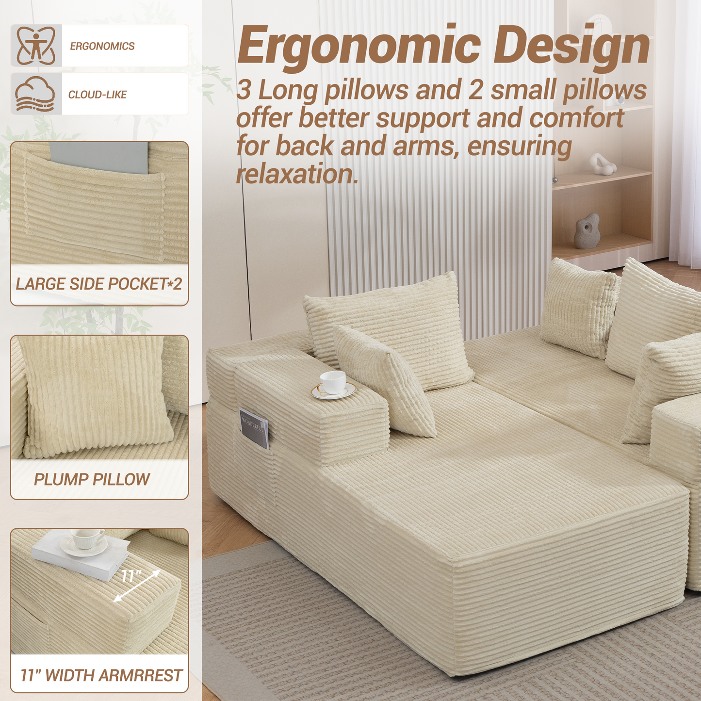 DELMANGO Modular Sectional Sofa with L-Shape Chaise, Corduroy Boneless Couch Set for Living Room, No Assembly Required, Beige