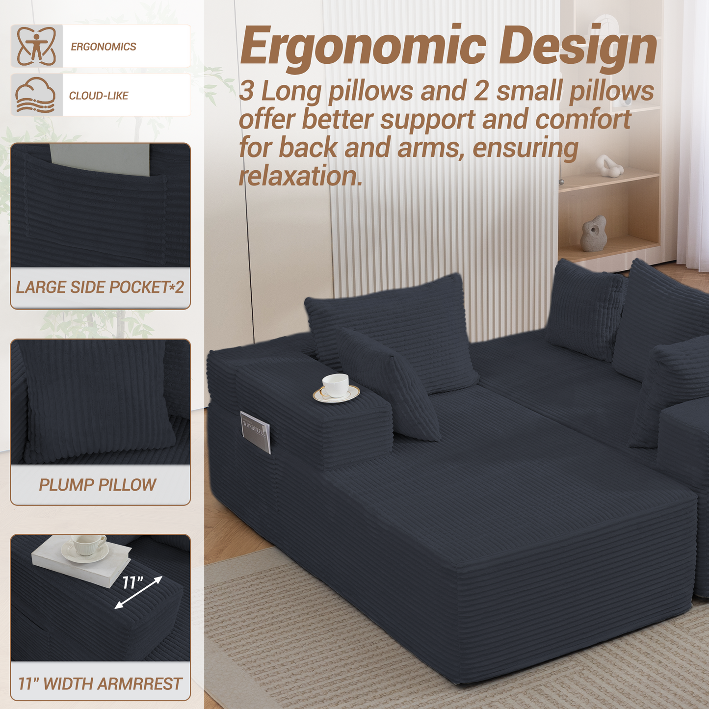 DELMANGO Modular Sectional Sofa with L-Shape Chaise, Corduroy Boneless Couch Set for Living Room, No Assembly Required, Black