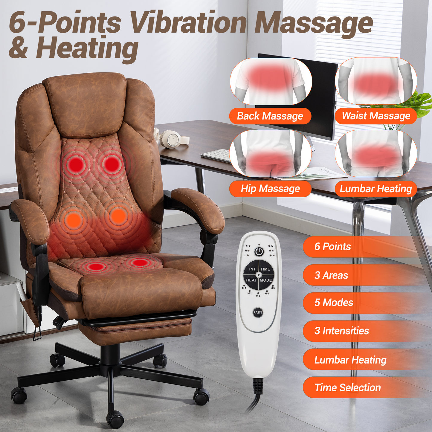 DELMANGO Massage Office Chair with Footrest, 6-Point Vibration Heating Executive Desk Chair, Ergonomic Home Office Chair, Brown