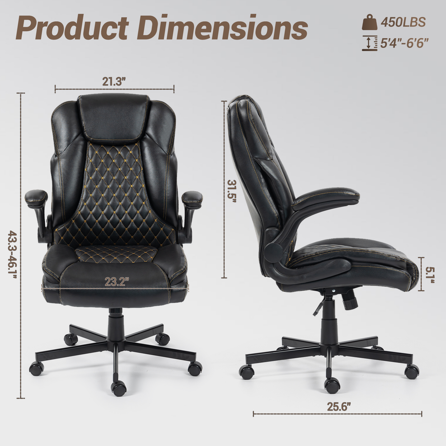 DELMANGO High-Back Executive Office Chair, Ergonomic Computer Desk Chair with Rocking Feature, PU Leather, Flip-Up Armrests and Lumbar Support, Black