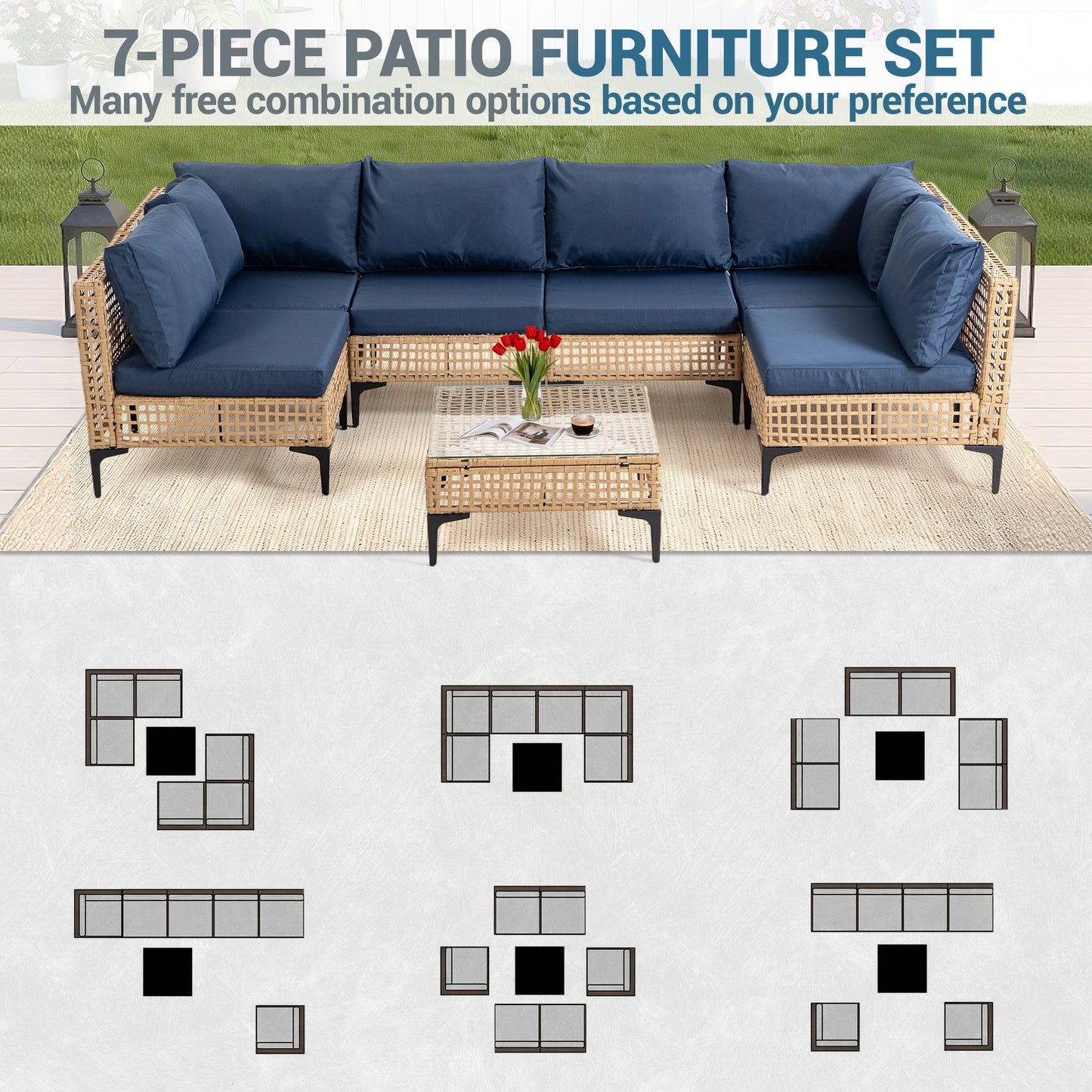 Delmango 7 Pieces Patio Furniture Set Boho Wicker Rattan Outdoor Sectional Sofa Set with Cushions & Table for Lawn, Backyard, Porch, Backyard, Porch, Blue