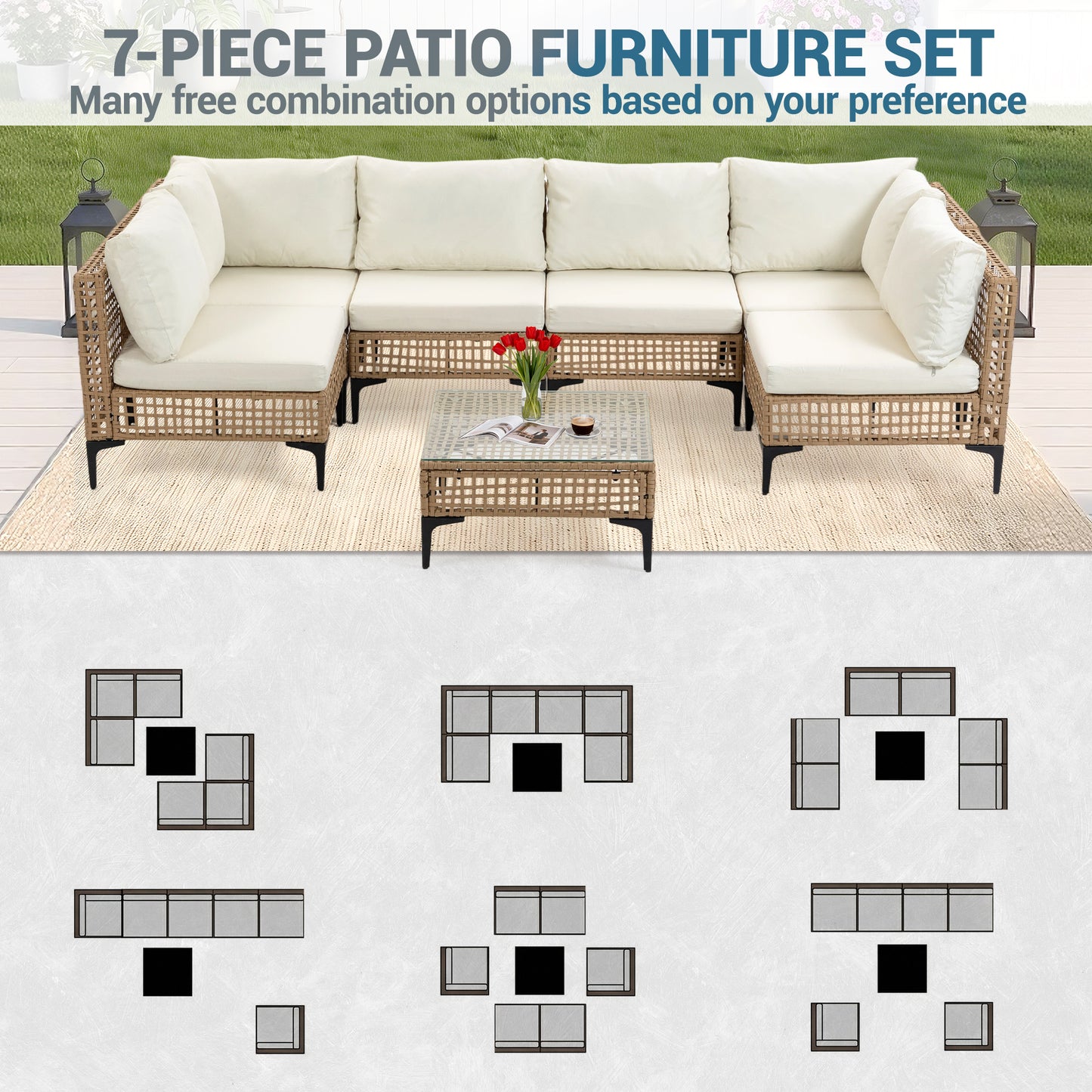 Delmango 7 Pieces Patio Furniture Set Boho Wicker Rattan Outdoor Sectional Sofa Set with Cushions & Table for Lawn, Backyard, Porch, Backyard, Porch, Beige