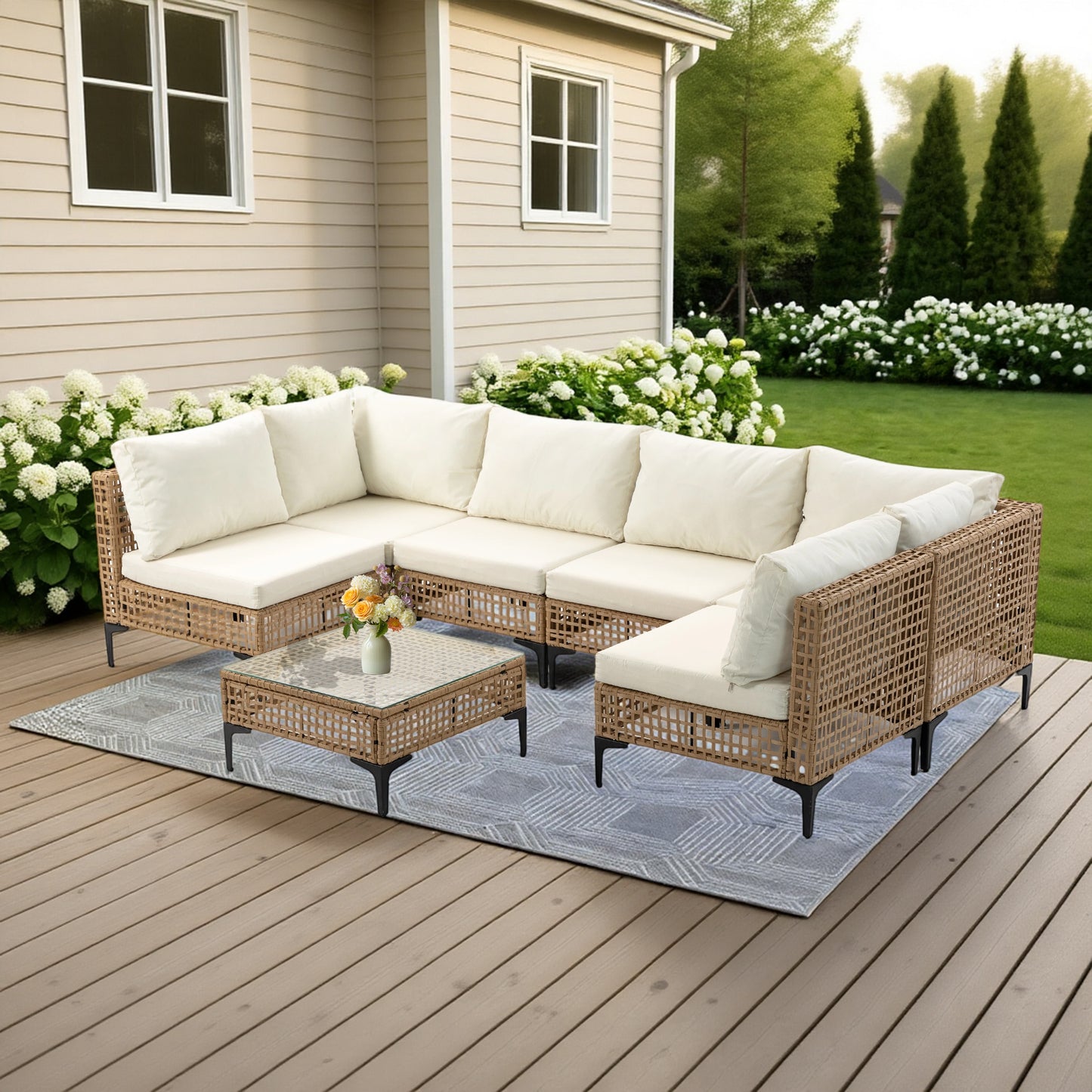Delmango 7 Pieces Patio Furniture Set Boho Wicker Rattan Outdoor Sectional Sofa Set with Cushions & Table for Lawn, Backyard, Porch, Backyard, Porch, Beige