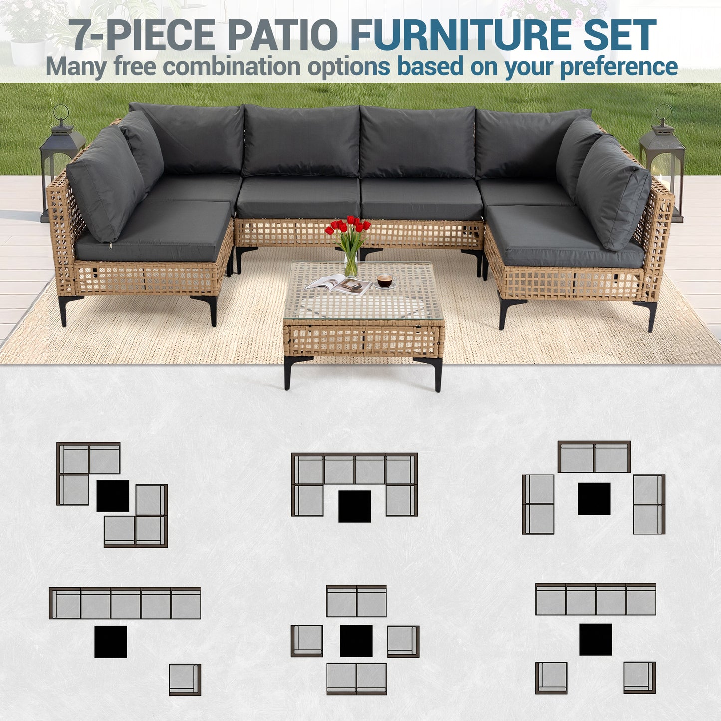 Delmango 7 Pieces Patio Furniture Set Boho Wicker Rattan Outdoor Sectional Sofa Set with Cushions & Table for Lawn, Backyard, Porch, Backyard, Porch, Gray