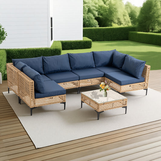 Delmango 7 Pieces Patio Furniture Set Boho Wicker Rattan Outdoor Sectional Sofa Set with Cushions & Table for Lawn, Backyard, Porch, Backyard, Porch, Blue