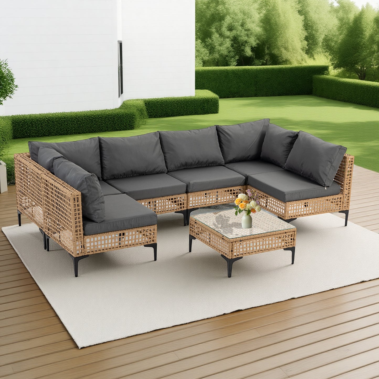 Delmango 7 Pieces Patio Furniture Set Boho Wicker Rattan Outdoor Sectional Sofa Set with Cushions & Table for Lawn, Backyard, Porch, Backyard, Porch, Gray