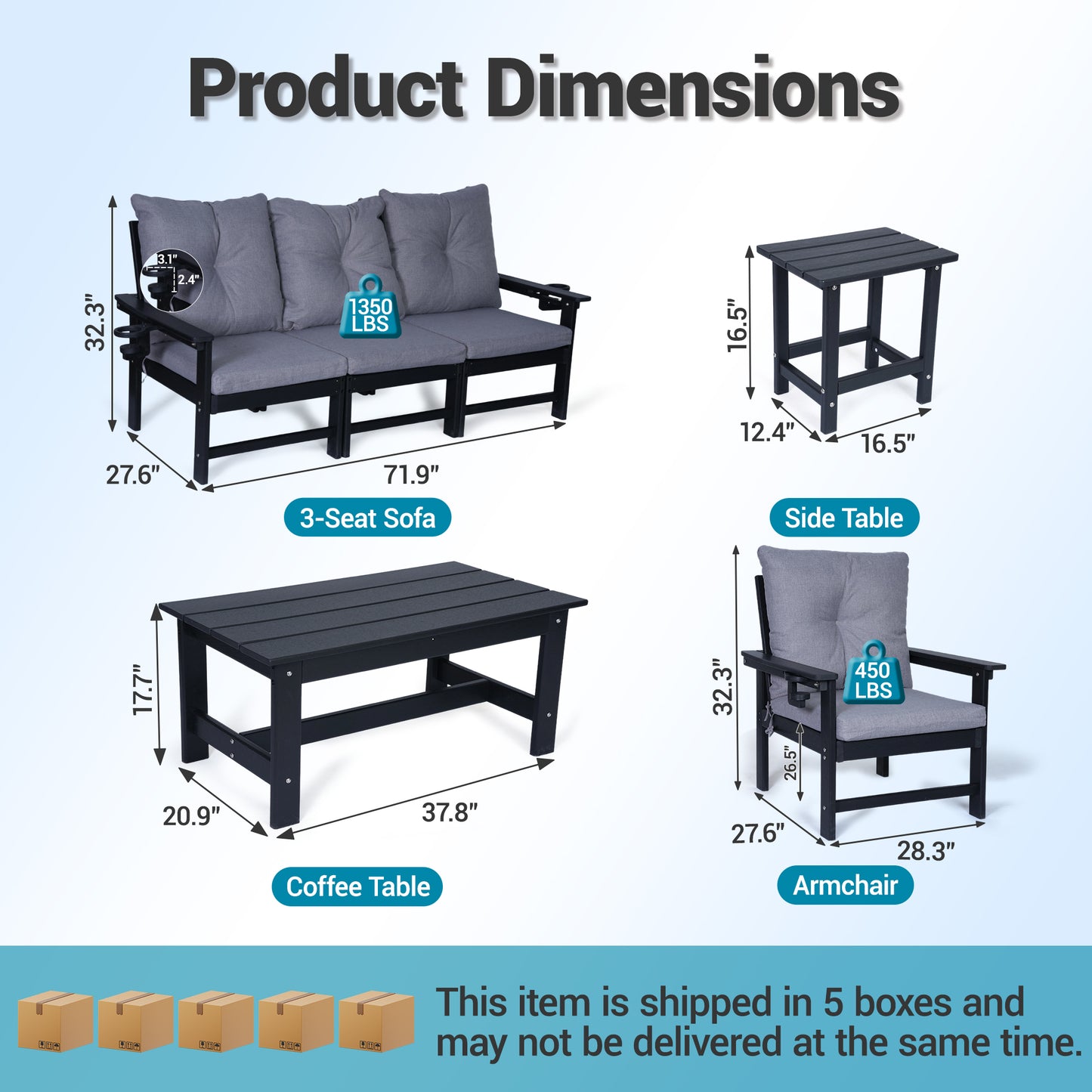 DELMANGO Patio Furniture Sets,7 Pieces Outdoor Conversation Set with Removable Washable Cushion,Wood Tepoy and Table Black
