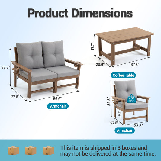 DELMANGO Patio Furniture Sets,7 Pieces Outdoor Conversation Set with Removable Washable Cushion,Wood Tepoy and Table Brown