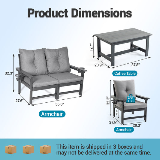 DELMANGO Patio Furniture Sets,7 Pieces Outdoor Conversation Set with Removable Washable Cushion,Wood Tepoy and Table Gray