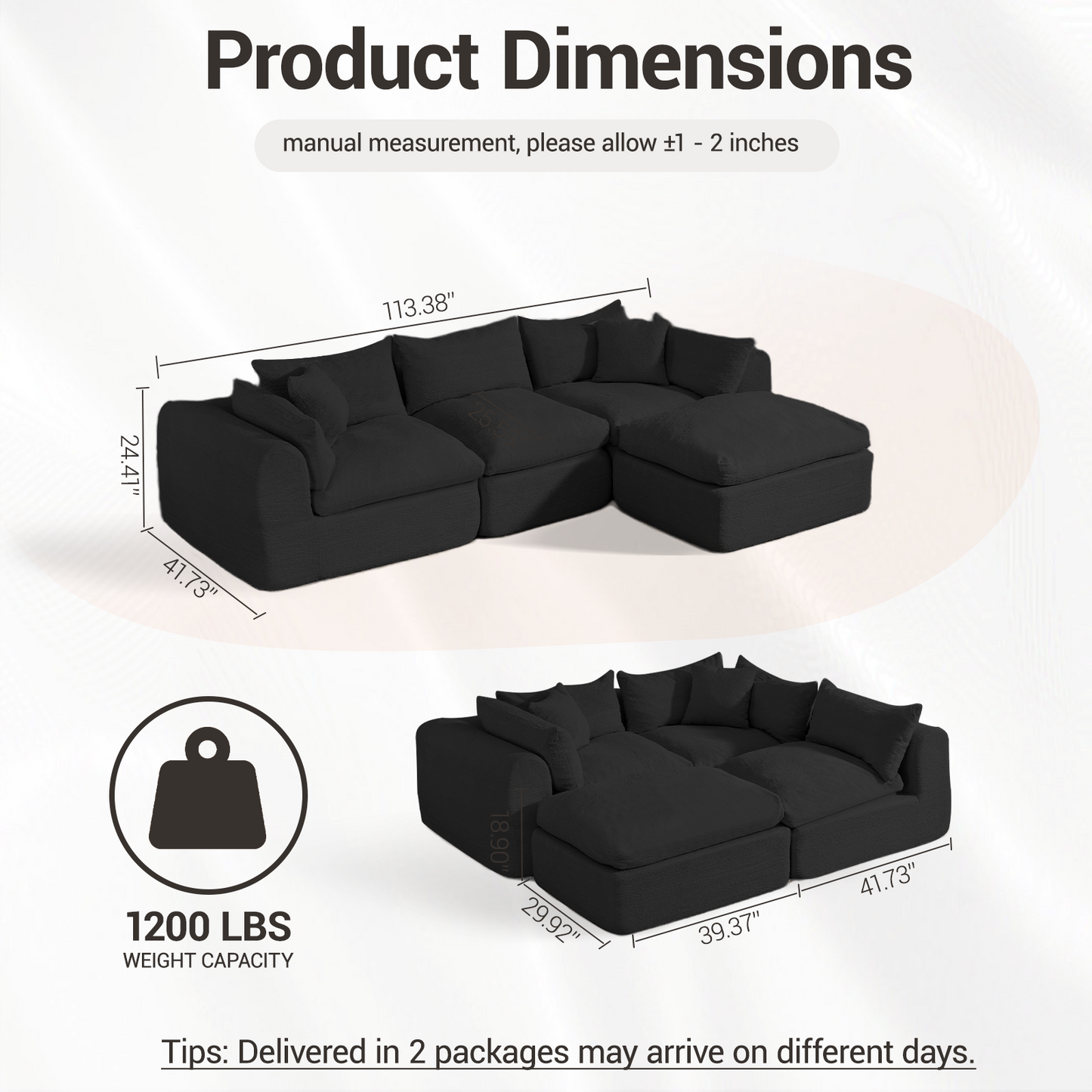 DELMANGO 113 Inch Modular L-Shape Cloud Velvet Sectional Couch, Boneless Convertible Sofa Set with Ottoman, No Assembly, Black
