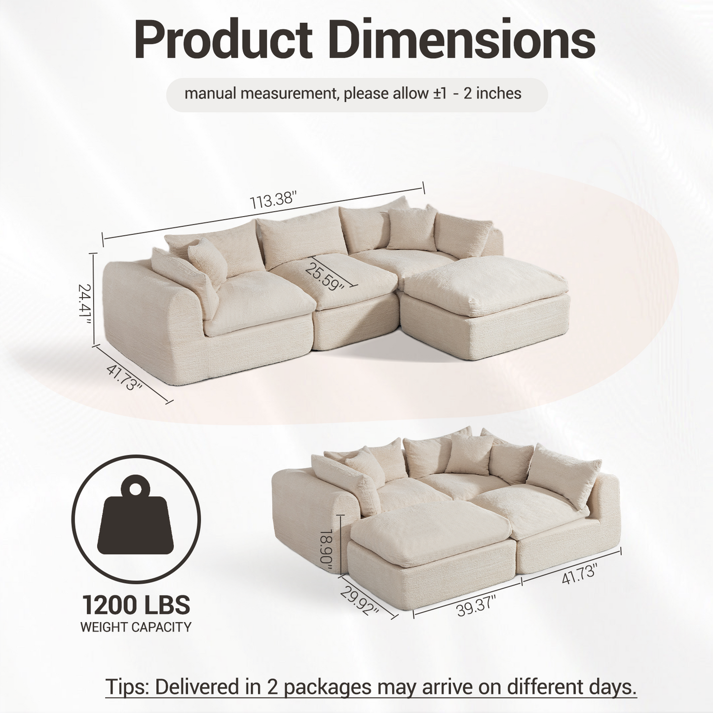 DELMANGO 113 Inch Modular L-Shape Cloud Velvet Sectional Couch, Boneless Convertible Sofa Set with Ottoman, No Assembly, Beige