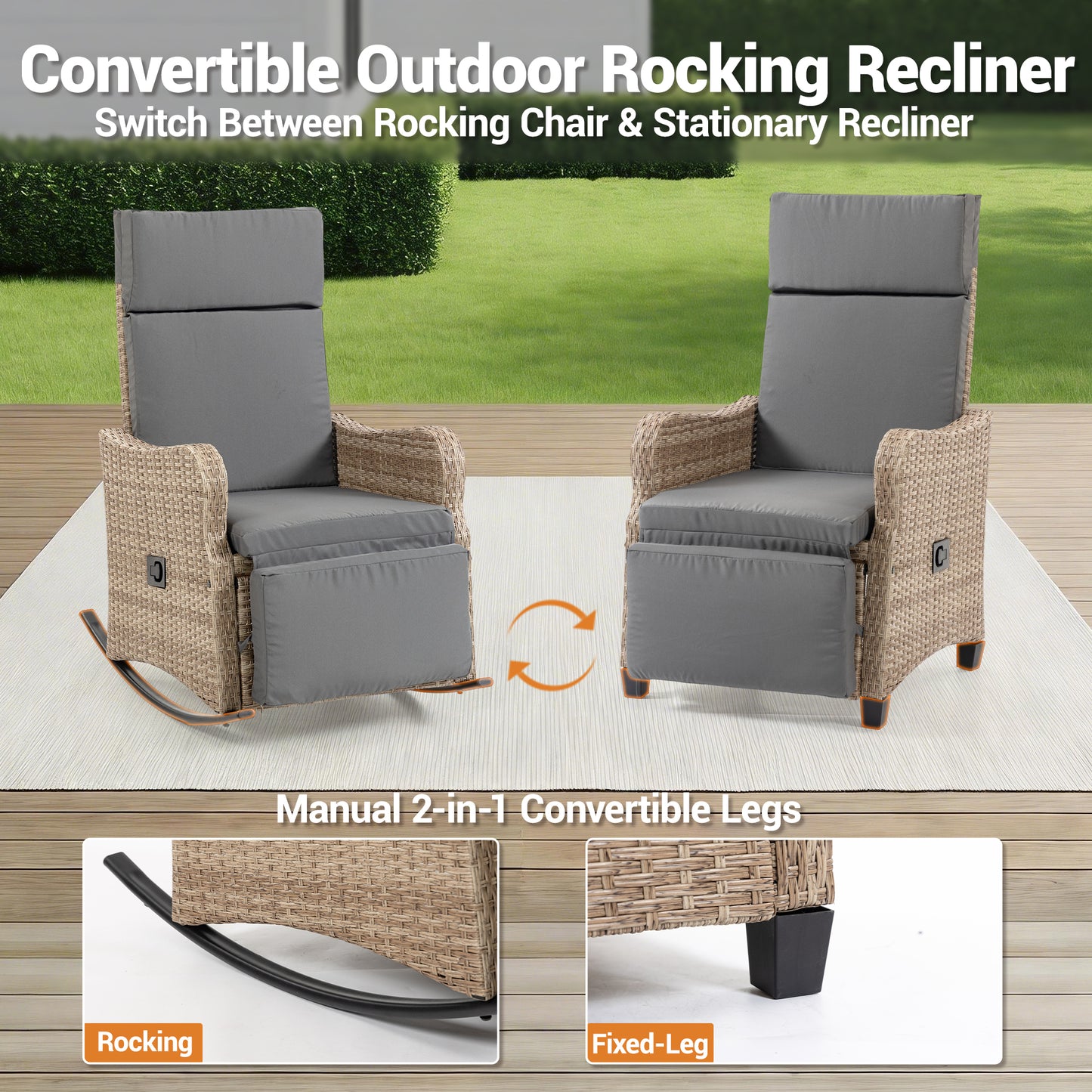 DELMANGO 2-in-1 Outdoor Recliner Chair, Gray – Rocking/Flat Footrest, 90°–135° Reclining Backrest, Rattan Wicker & Removable Cushion for Patio, Garden, Balcony, Porch