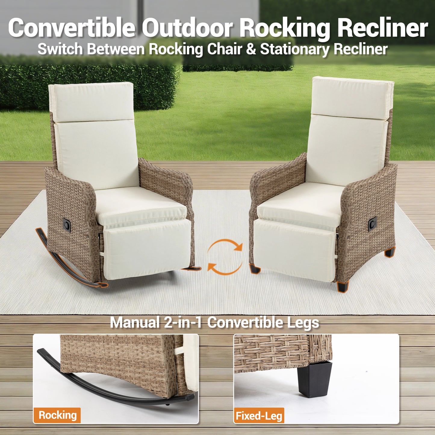 DELMANGO 2-in-1 Outdoor Recliner Chair set of 2, White – Rocking/Flat Footrest, 90°–135° Reclining Backrest, Rattan Wicker & Removable Cushion for Patio, Garden, Balcony, Porch