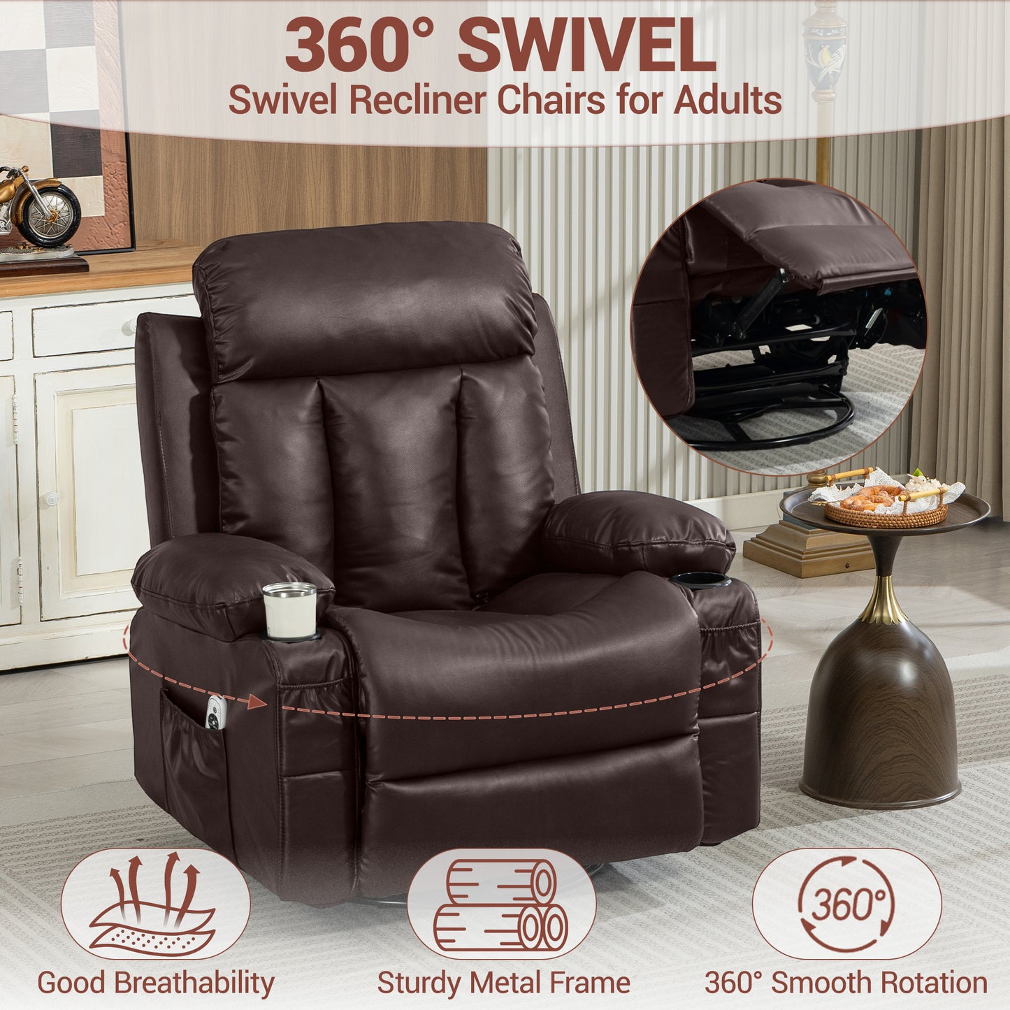 Delmango Power Recliner Chair for Audlts PU Leather Swivel Rocker Recliner Chair Massage Sofa Chair for Living Room Brown