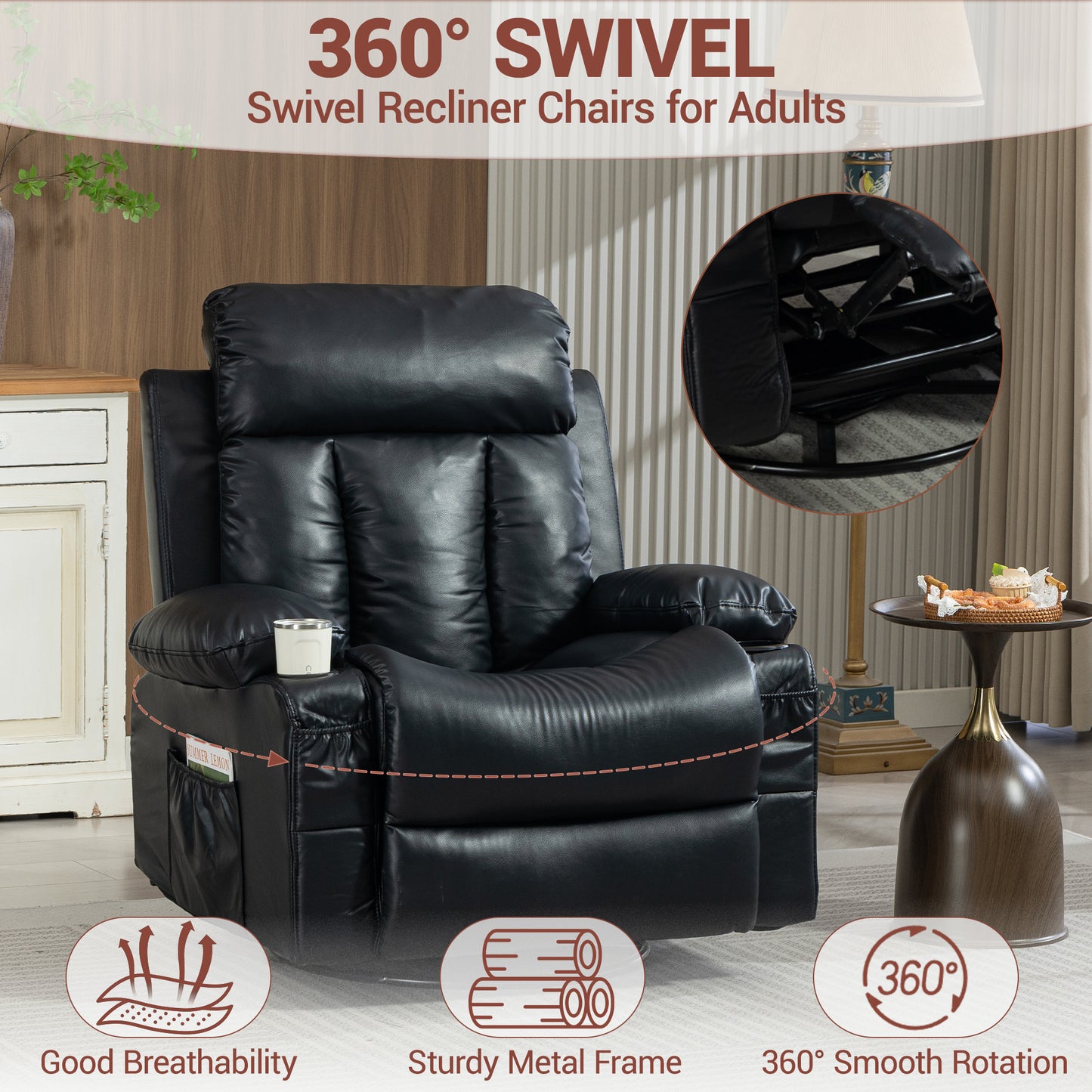 Delmango Power Recliner Chair for Living Room PU Leather Swivel Rocker Recliner Chair with Overstuffed Armrest and Backrest Black