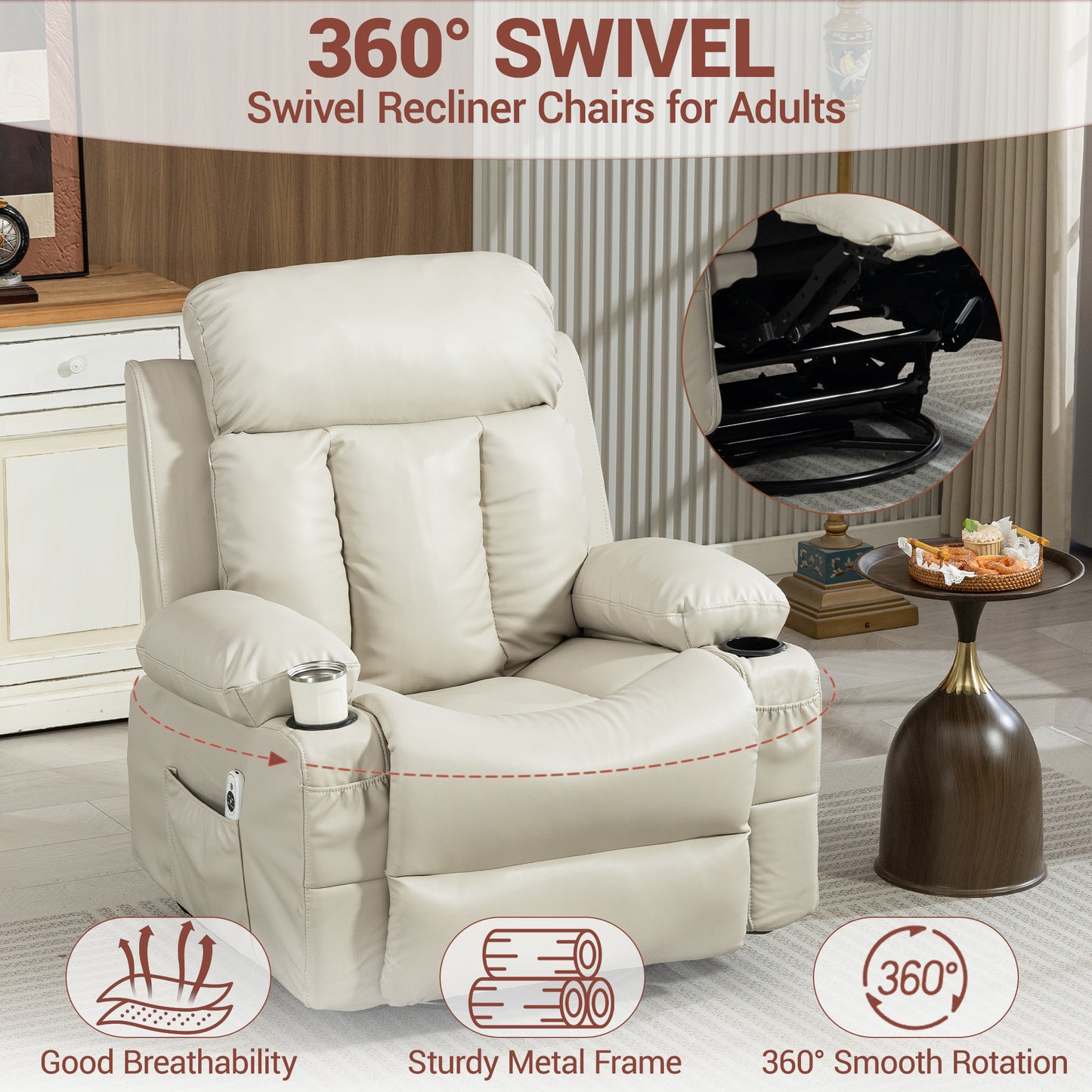 Delmango Power Recliner Chair for Audlts PU Leather Swivel Rocker Recliner Chair Massage Sofa Chair for Living Room Beige