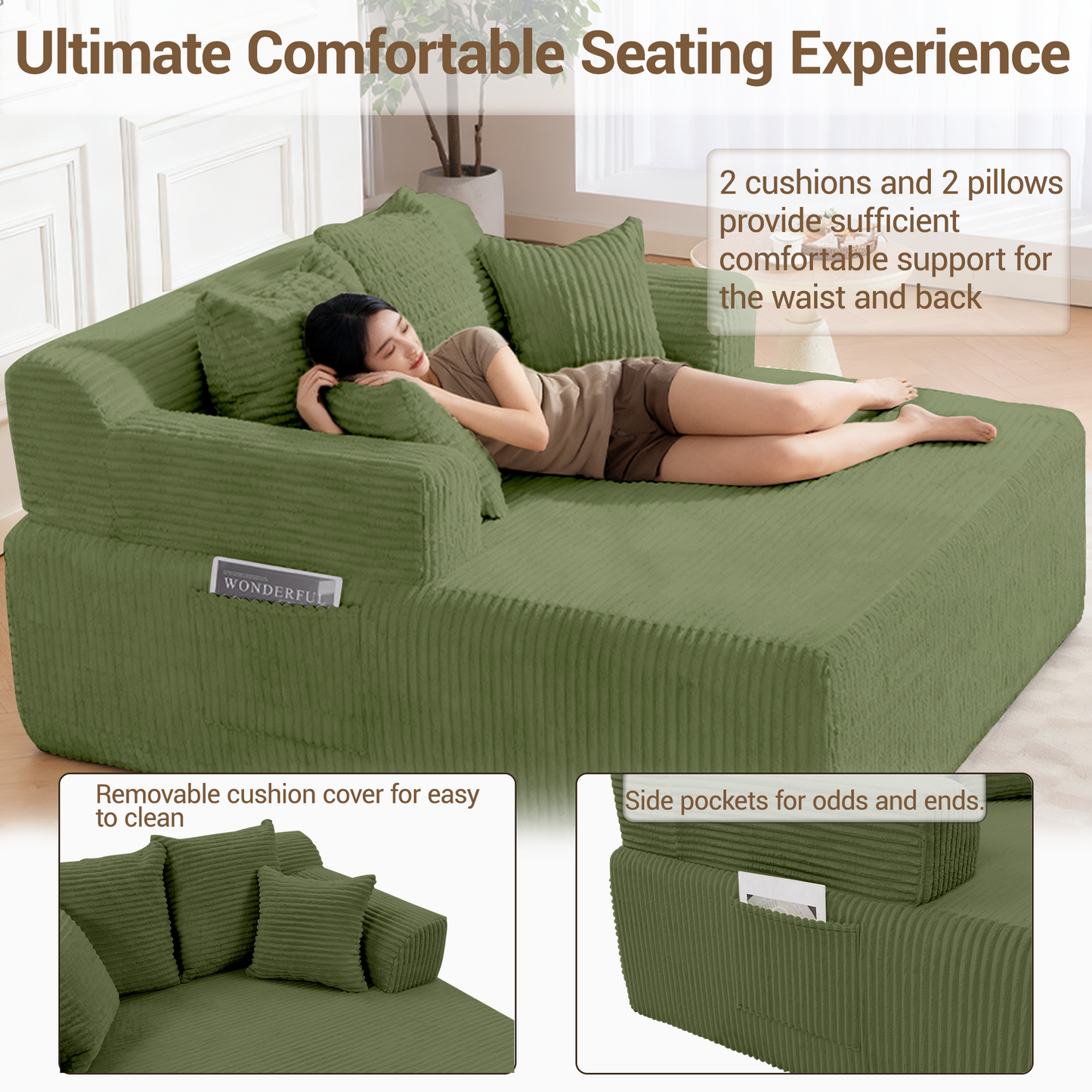 DELMANGO 58" Corduroy Chaise Lounge Chair, Oversized Boneless Sleeper Sofa with Armrests & 4 Pillows, No Assembly, for Living Room, Green