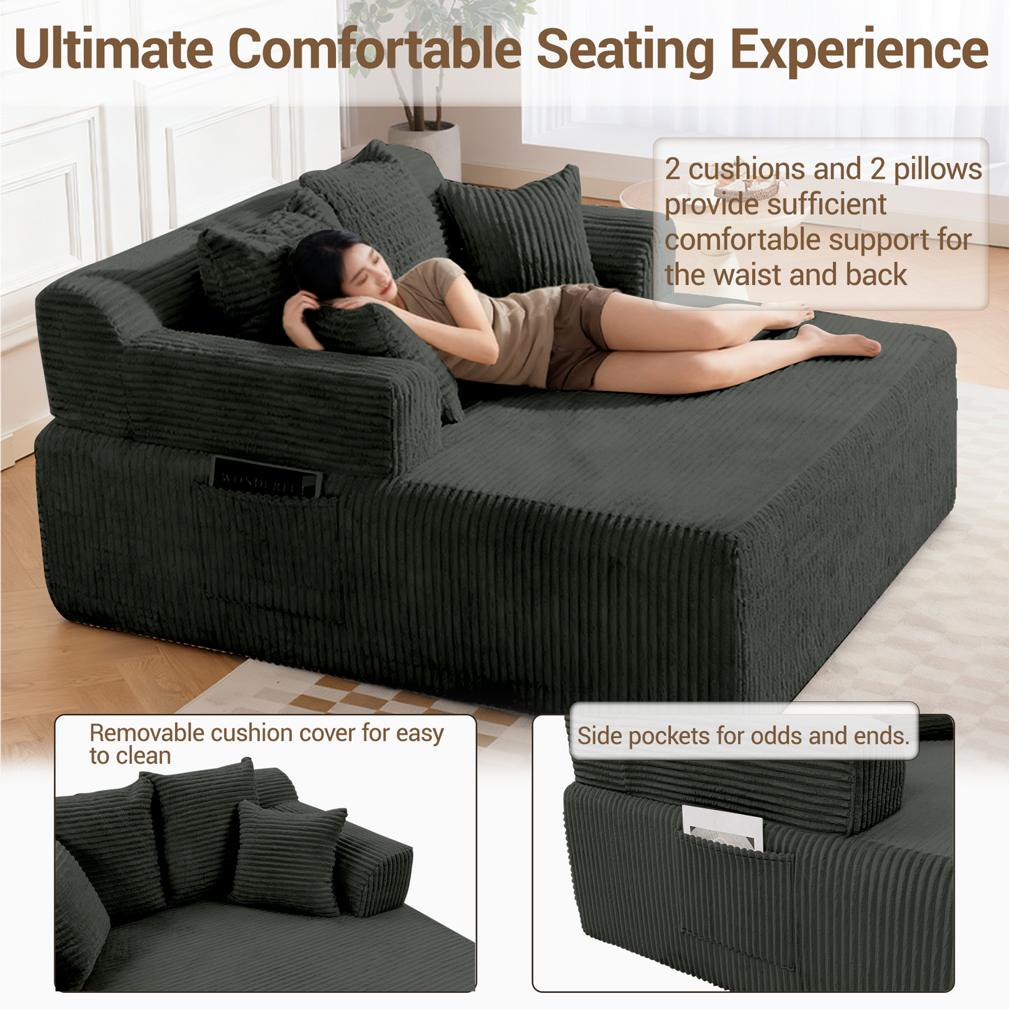 DELMANGO 58" Corduroy Chaise Lounge Chair, Oversized Boneless Sleeper Sofa with Armrests & 4 Pillows, No Assembly, for Living Room, Grey