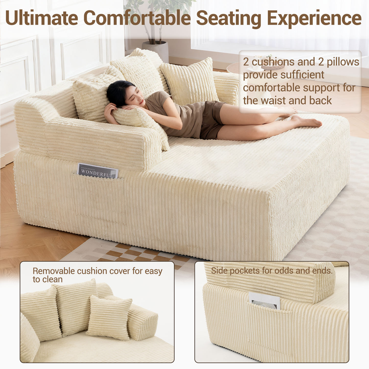 DELMANGO 58" Corduroy Chaise Lounge Chair, Oversized Boneless Sleeper Sofa with Armrests & 4 Pillows, No Assembly, for Living Room, Beige