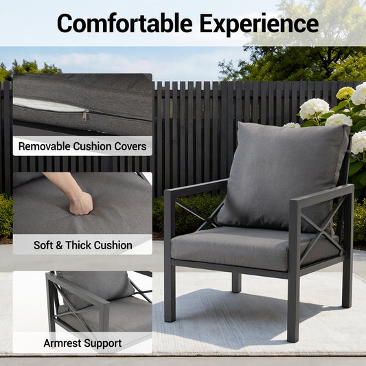 DELMANGO 4 Pieces Patio Furniture Set, Metal Outdoor Patio Furniture Conversation Set with Coffee Table, Outdoor Sofa Sets for Balcony, Porch, Poolside, Grey