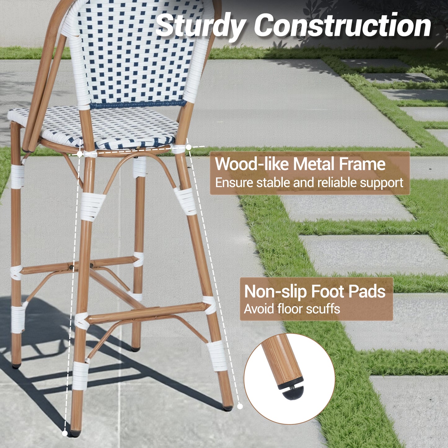 DELMANGO Bar Stool Set of 2 with Wood Print Finish French Counter Height Patio Rattan Bar Stool Chairs for Porch Garden Indoor Kitchen, White/Black