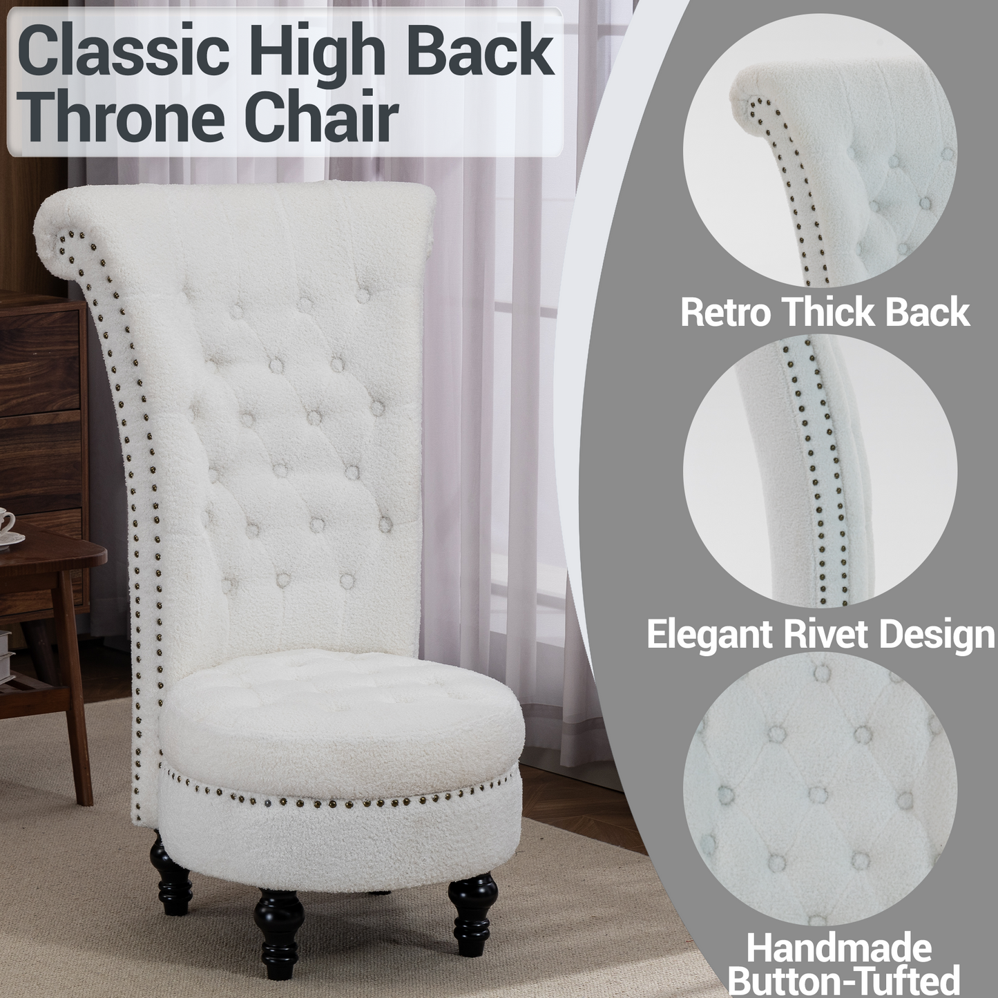 DELMANGO Set of 2 Teddy Throne Chair with Storage, Armless High-Back Accent Chair with Nailhead Trim & Solid Rubberwood Legs, for Living Room and Bedroom, White