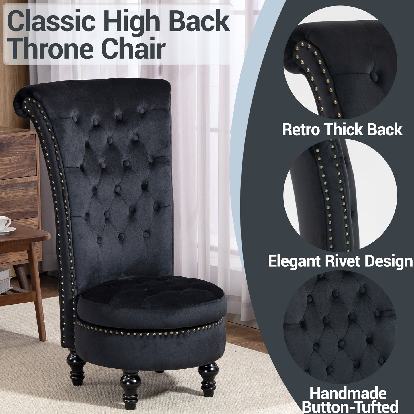DELMANGO Velvet Throne Chair with Storage, Armless High-Back Accent Chair with Nailhead Trim & Solid Rubberwood Legs, for Living Room and Bedroom, Black