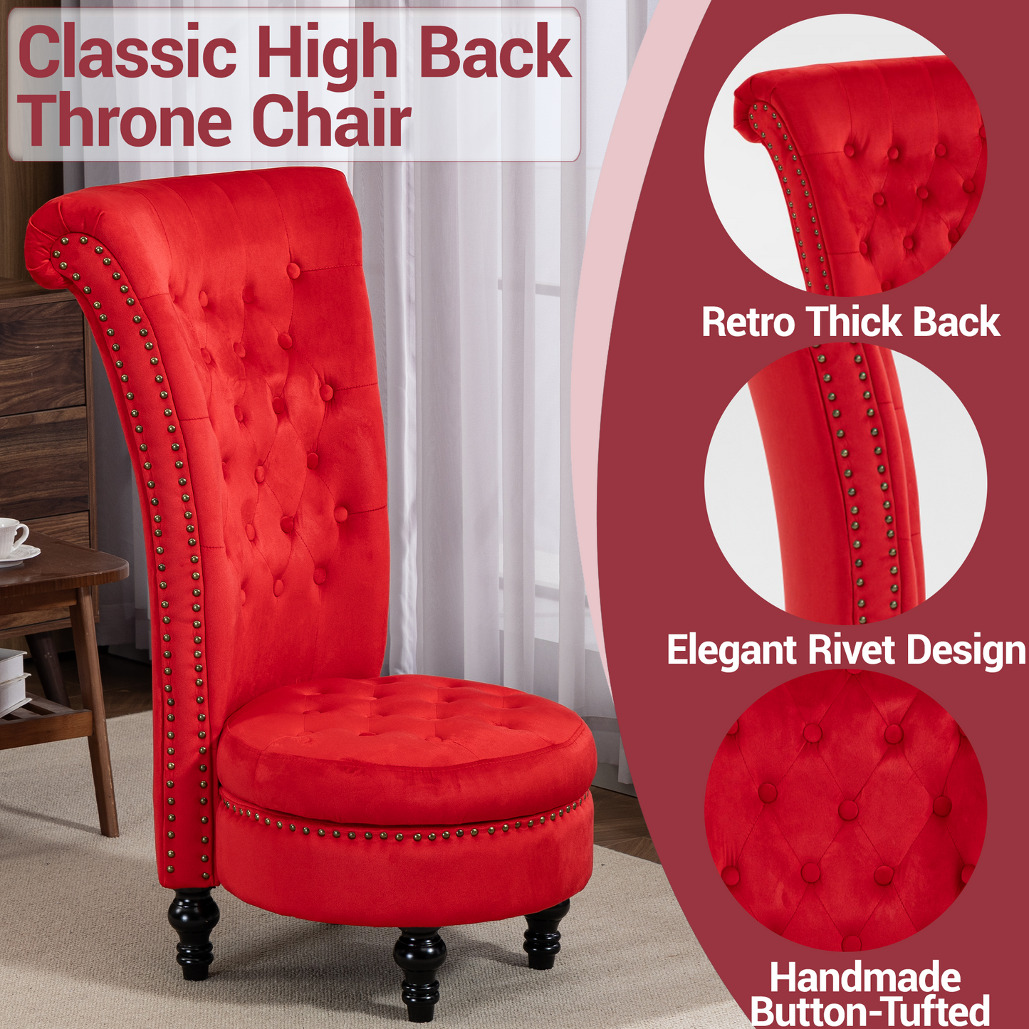 DELMANGO Set of 2 Velvet Throne Chair with Storage, Armless High-Back Accent Chair with Nailhead Trim & Solid Rubberwood Legs, for Living Room and Bedroom, Red