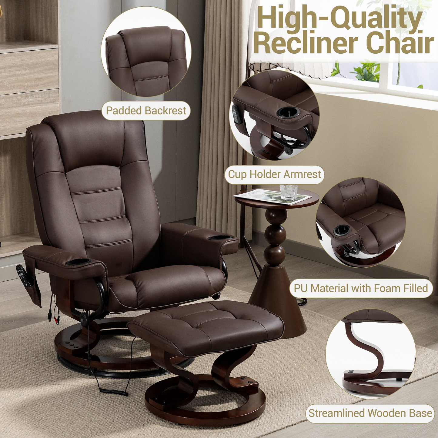 DELMANGO Swivel Massage Recliner with Ottoman, Adjustable Recline Wood Base Faux Leather Lounge Chair, Footrest Accent Chair for Living Room & Bedroom, Brown