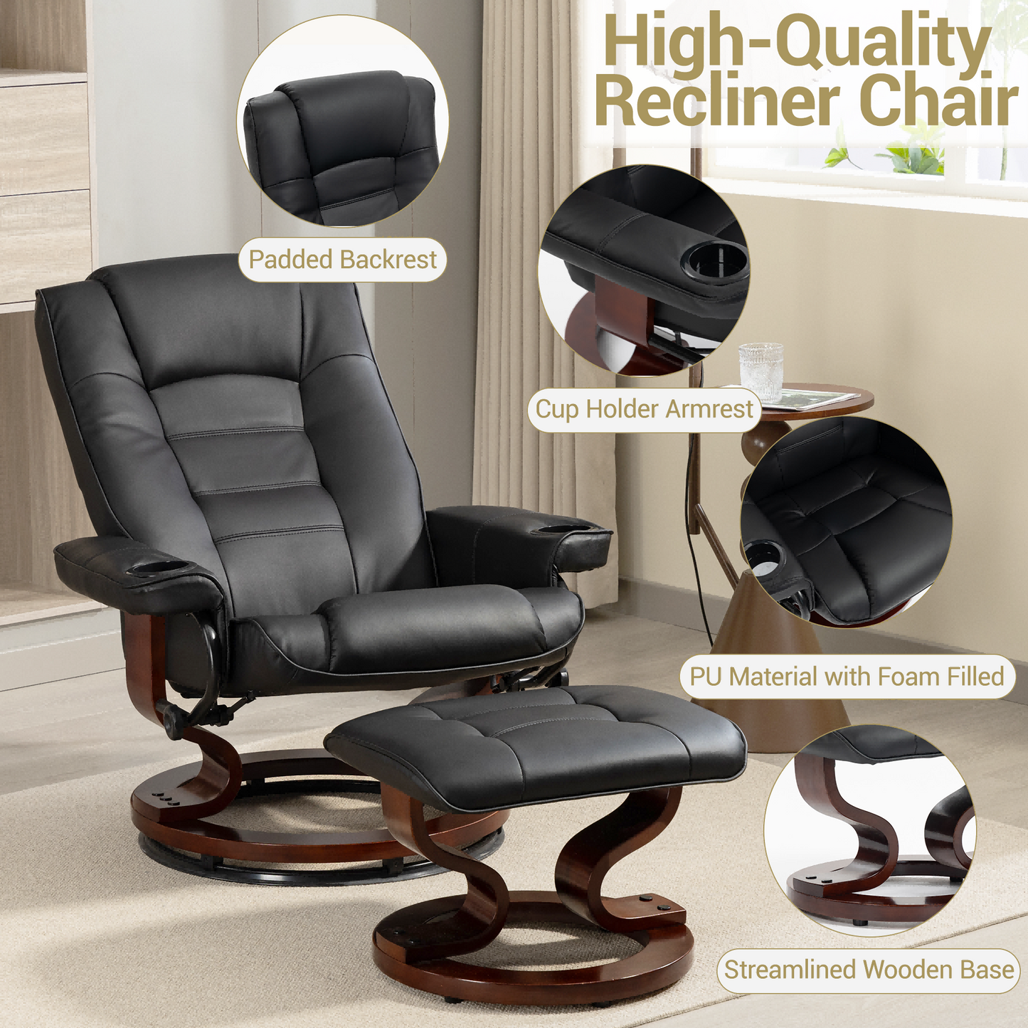 DELMANGO Swivel Recliner Chair with Ottoman, Wood Base Faux Leather Lounge Chair with Footrest, Accent Chair for Living Room & Bedroom, Black