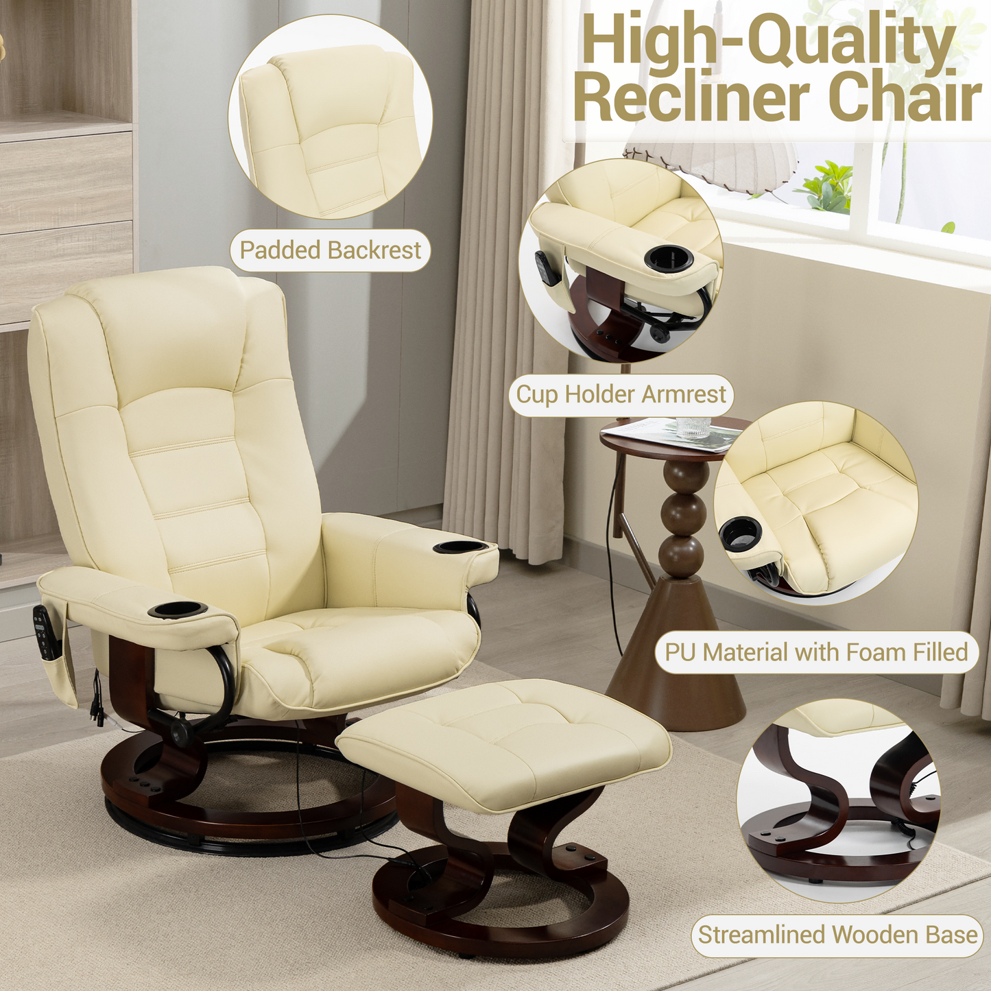 DELMANGO Swivel Massage Recliner with Ottoman, Adjustable Recline Wood Base Faux Leather Lounge Chair, Footrest Accent Chair for Living Room & Bedroom, Beige