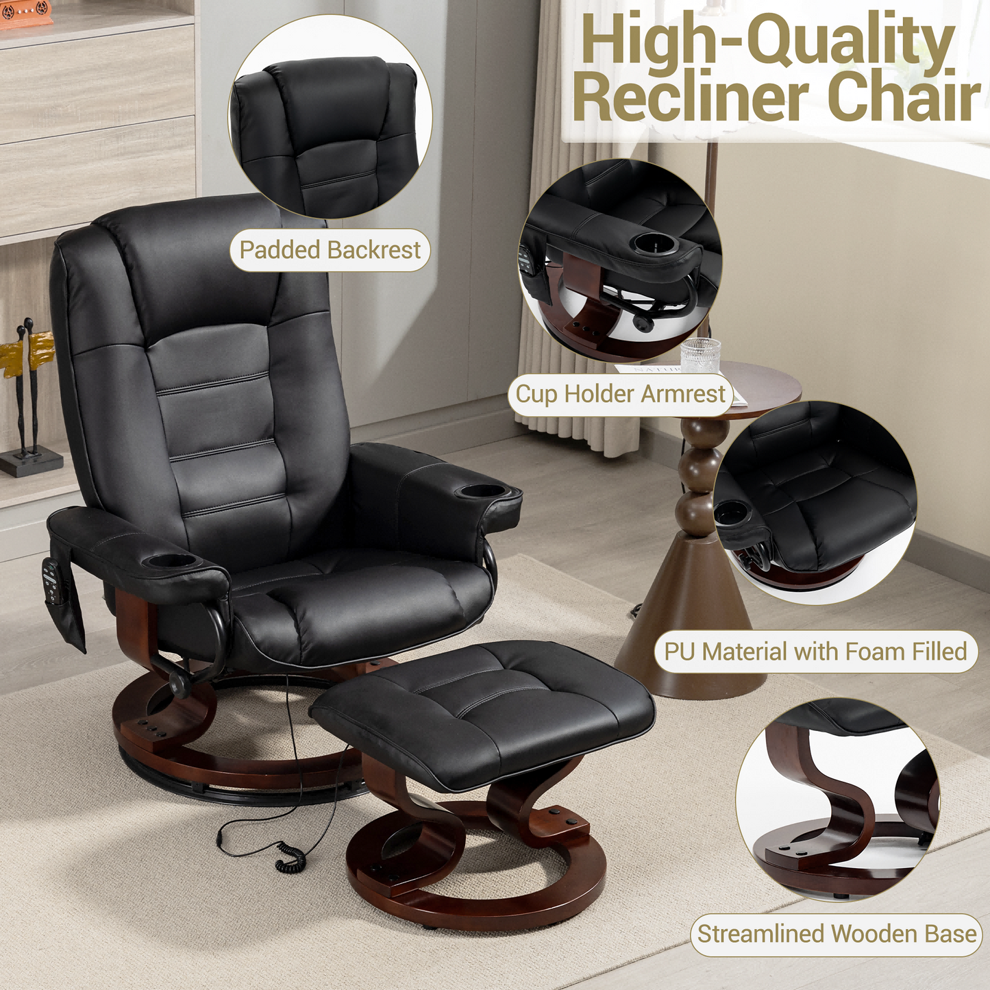DELMANGO Swivel Massage Recliner with Ottoman, Adjustable Recline Wood Base Faux Leather Lounge Chair, Footrest Accent Chair for Living Room & Bedroom, Black