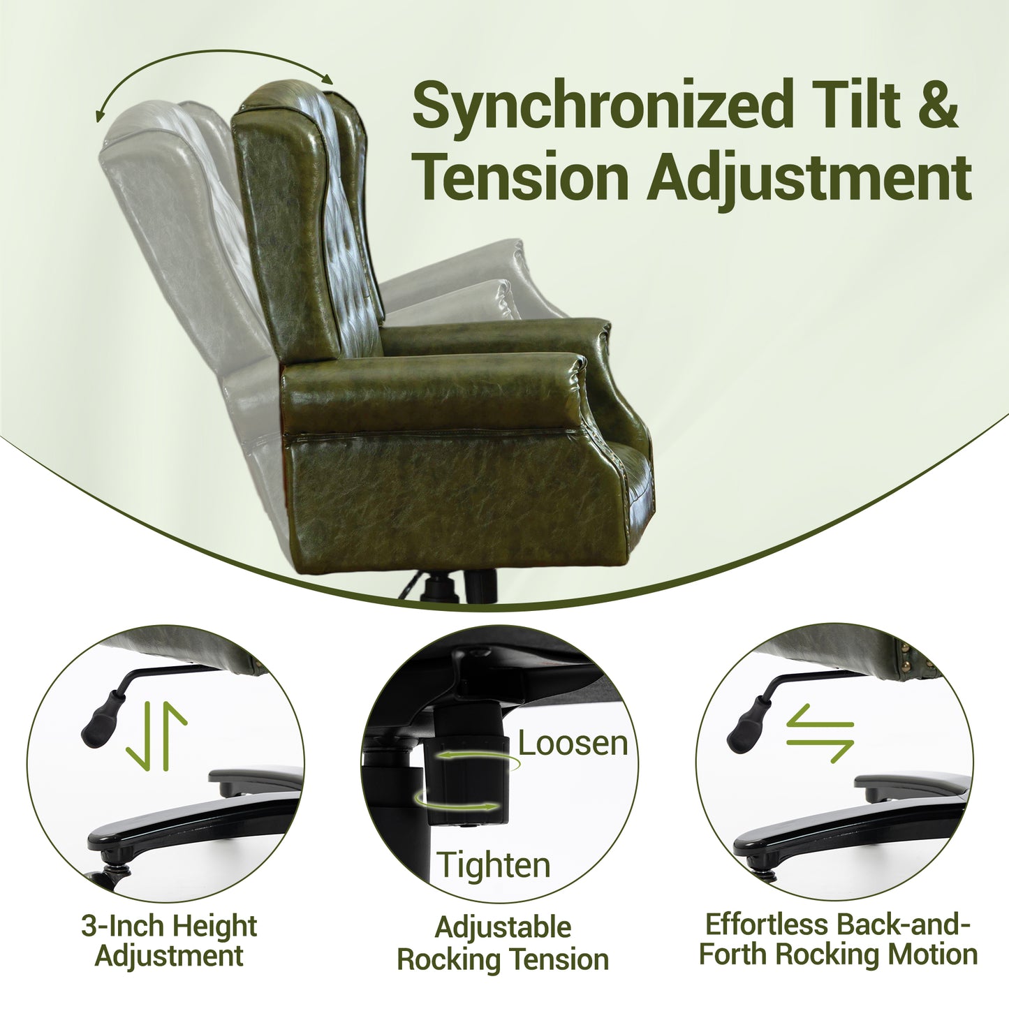 Delmango Vintage PU Leather Office Chair, Wingback Executive Desk Chair with Tufted Back & Nailhead Trim, Wide Seat Rolled Armrests Swivel Task Chair, Heavy Duty 330LBS for Home Office, Green