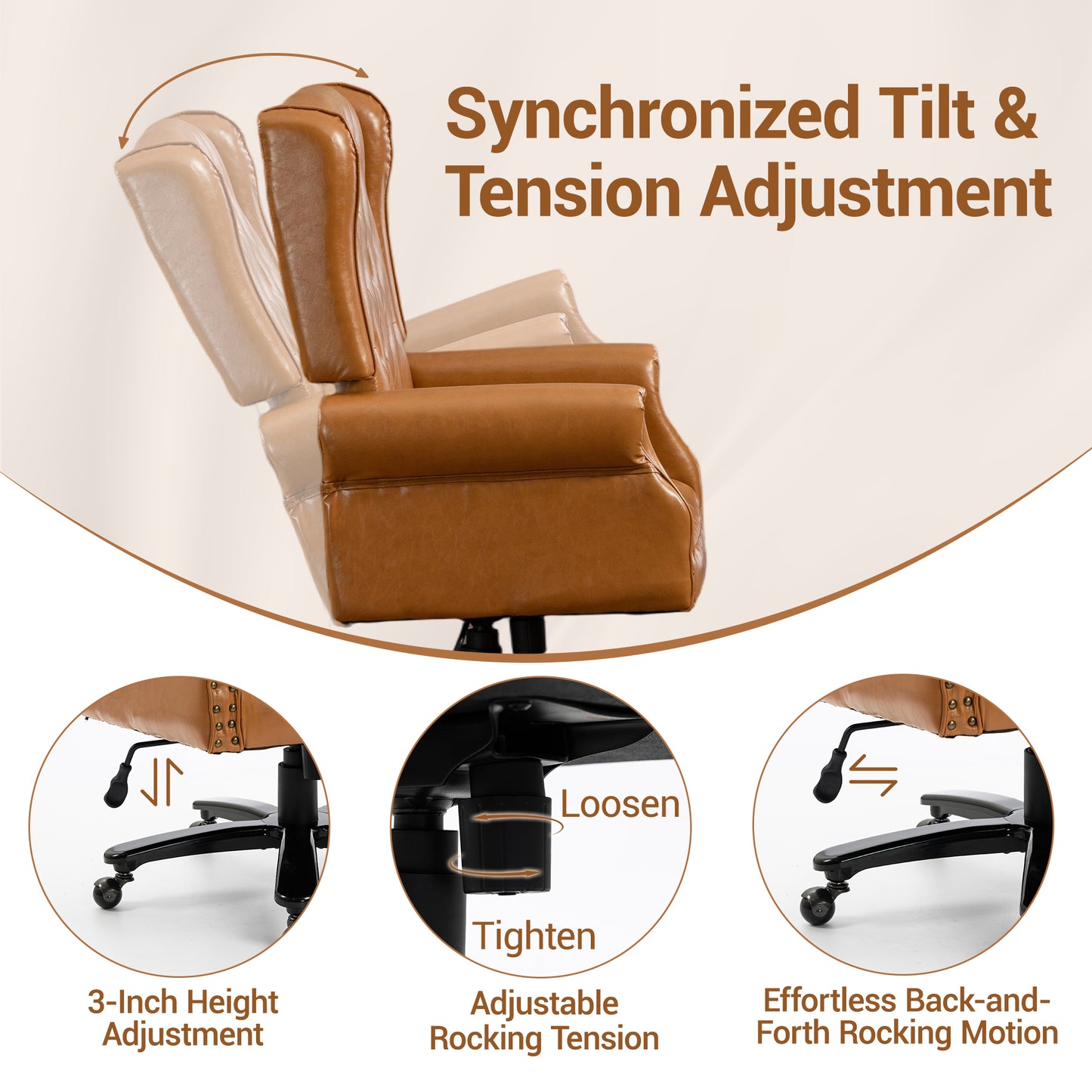 Delmango Vintage PU Leather Office Chair, Wingback Executive Desk Chair with Tufted Back & Nailhead Trim, Wide Seat Rolled Armrests Swivel Task Chair, Heavy Duty 330LBS for Home Office, Brown