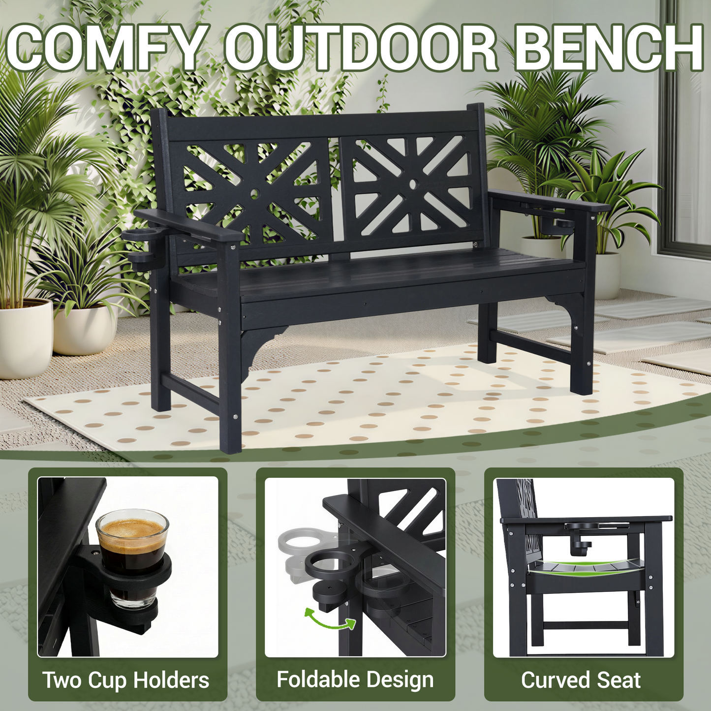DELMANGO Outdoor Bench with Cup Holders, HDPE Weatherproof Garden Bench 2-Person, Fade/Rot Resistance Patio Benches for Porch and Park, Black