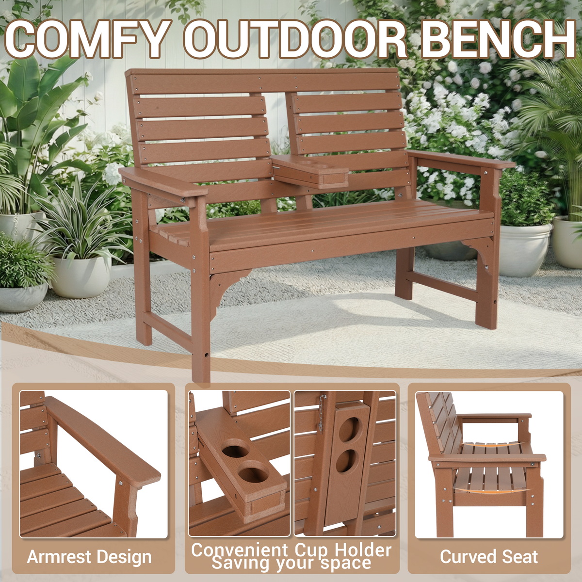 DELMANGO Outdoor Bench with Cup Holders, HDPE 2-Person Weatherproof Patio Benches, Fade/Rot Resistance, Garden Bench for Front Porch Backyard, Brown