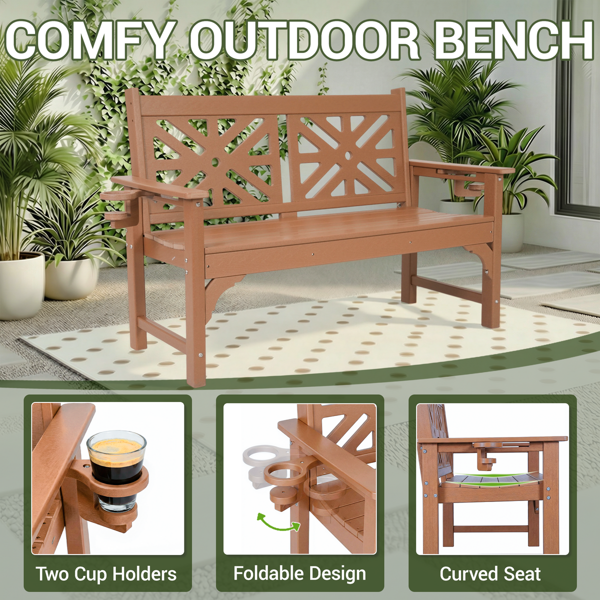 DELMANGO Outdoor Bench with Cup Holders, HDPE Weatherproof Garden Bench 2-Person, Fade/Rot Resistance Patio Benches for Porch and Park, Brown