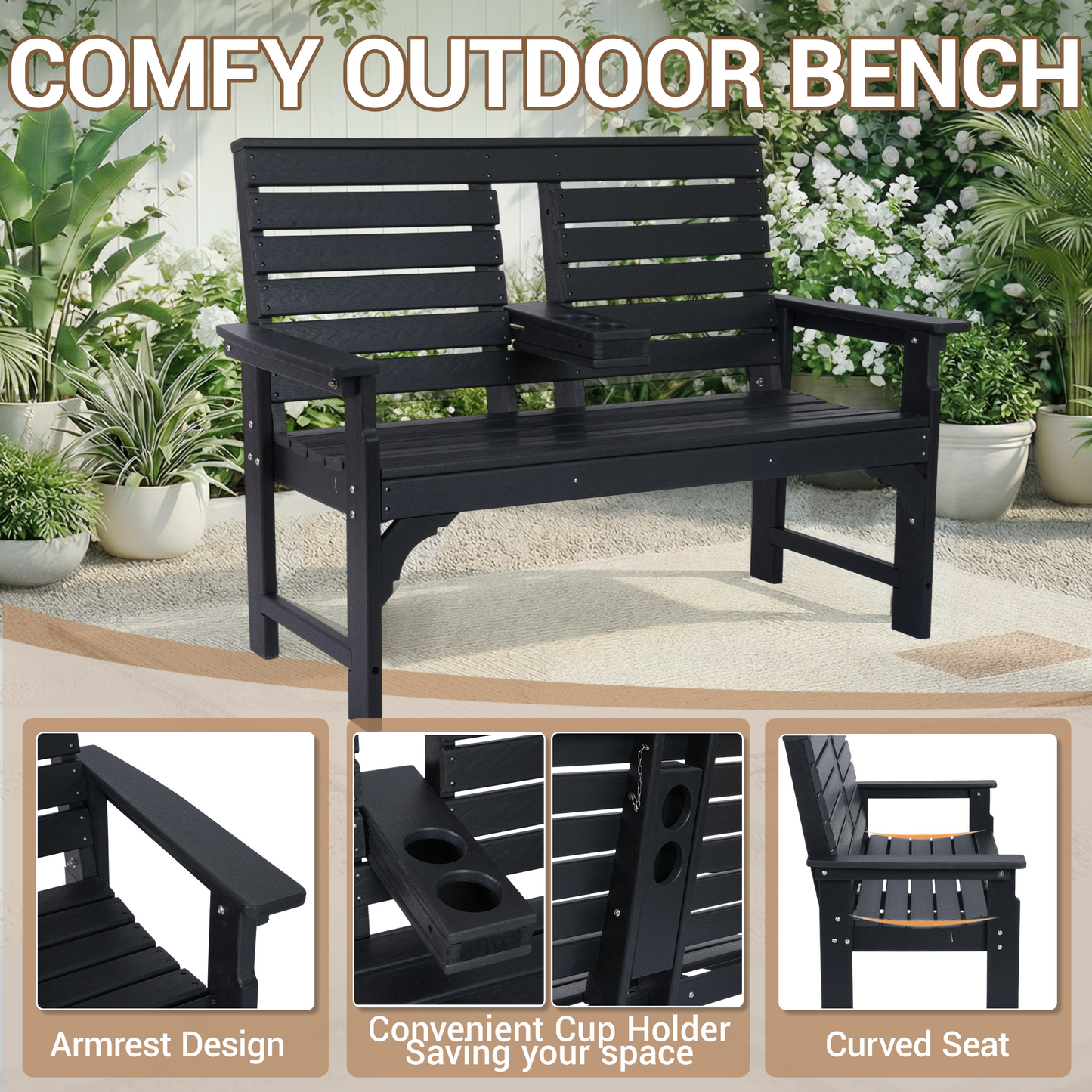 DELMANGO Outdoor Bench with Cup Holders, HDPE 2-Person Weatherproof Patio Benches, Fade/Rot Resistance, Garden Bench for Front Porch Backyard, Black