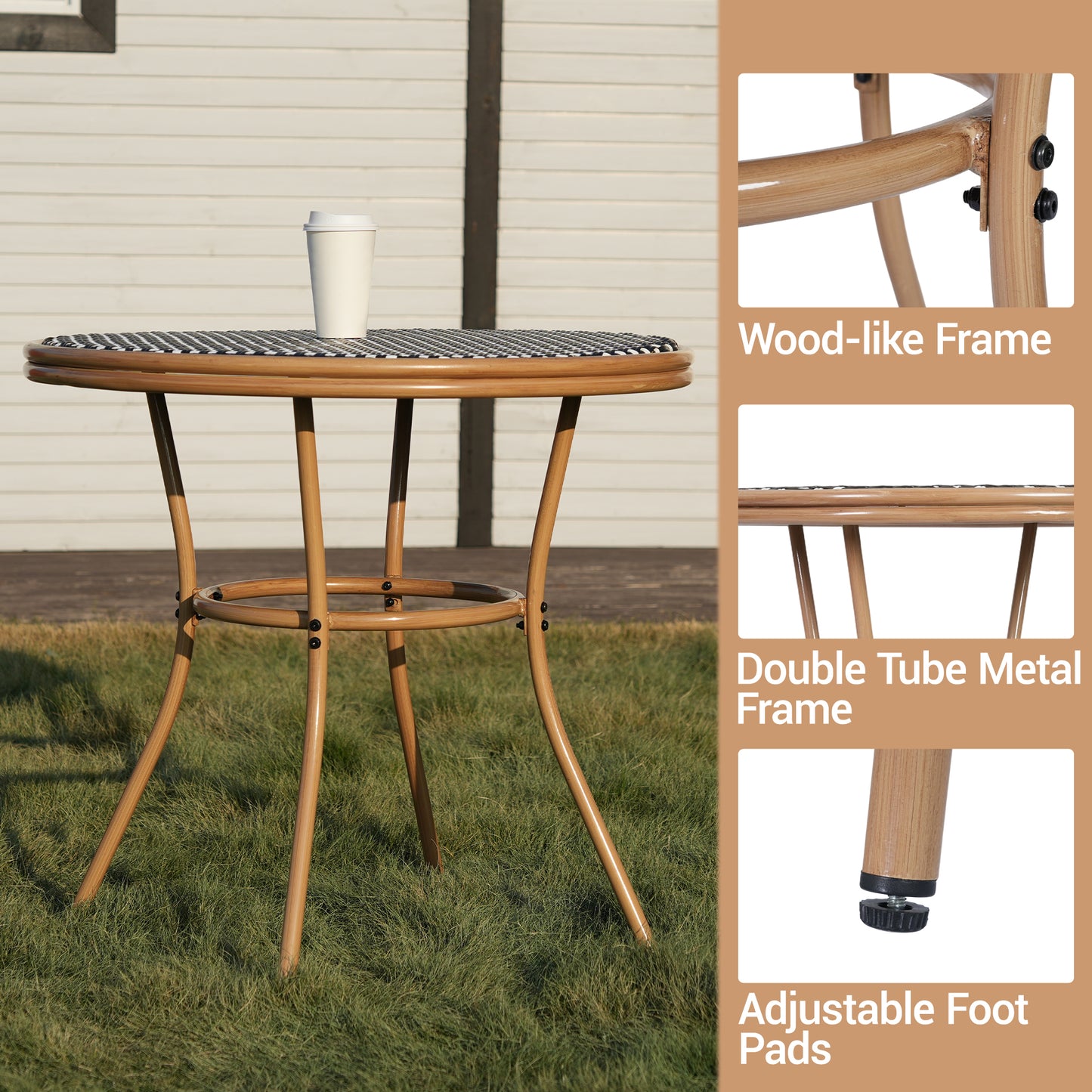 DELMANGO Round Outdoor Bistro Table with Matal Frame and Adjustable Foot Pads for Garden Balcony, Blue/White