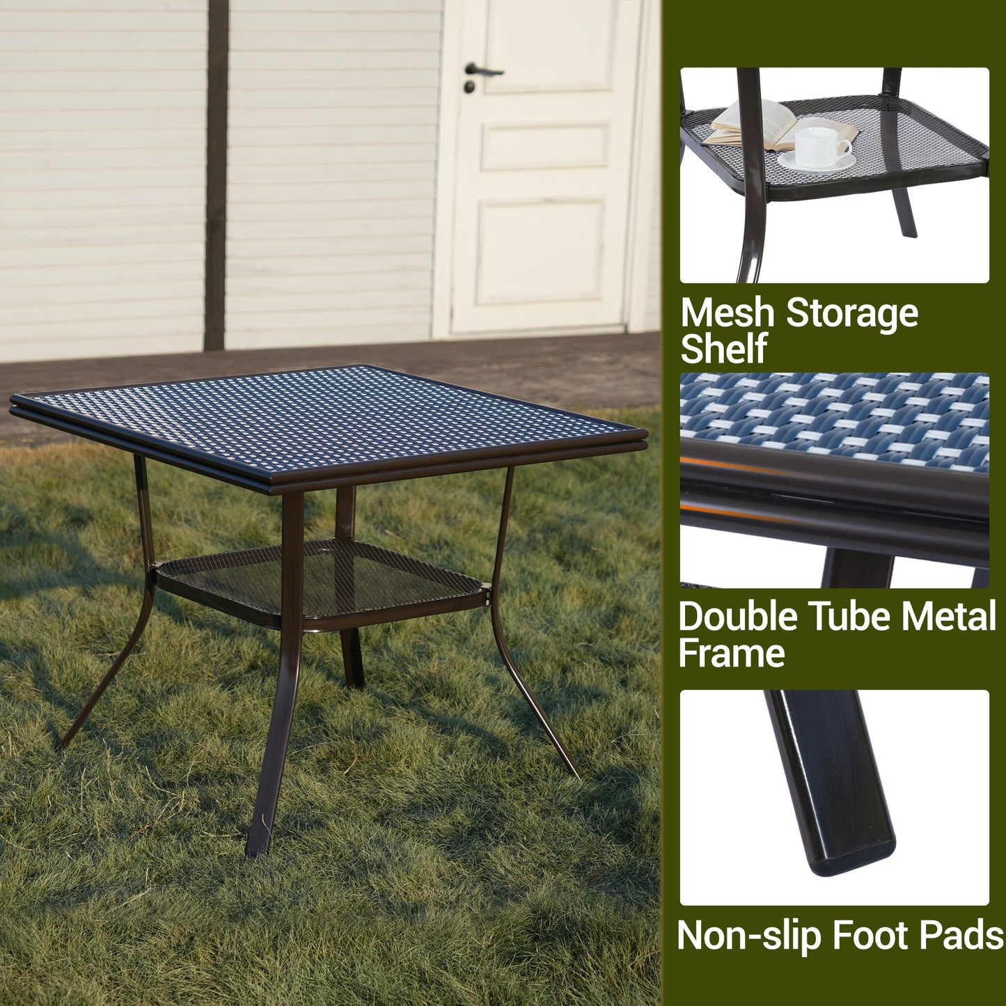 DELMANGO Square Outdoor Bistro Table with Matal Frame and Adjustable Foot Pads for Garden Balcony, Blue/White