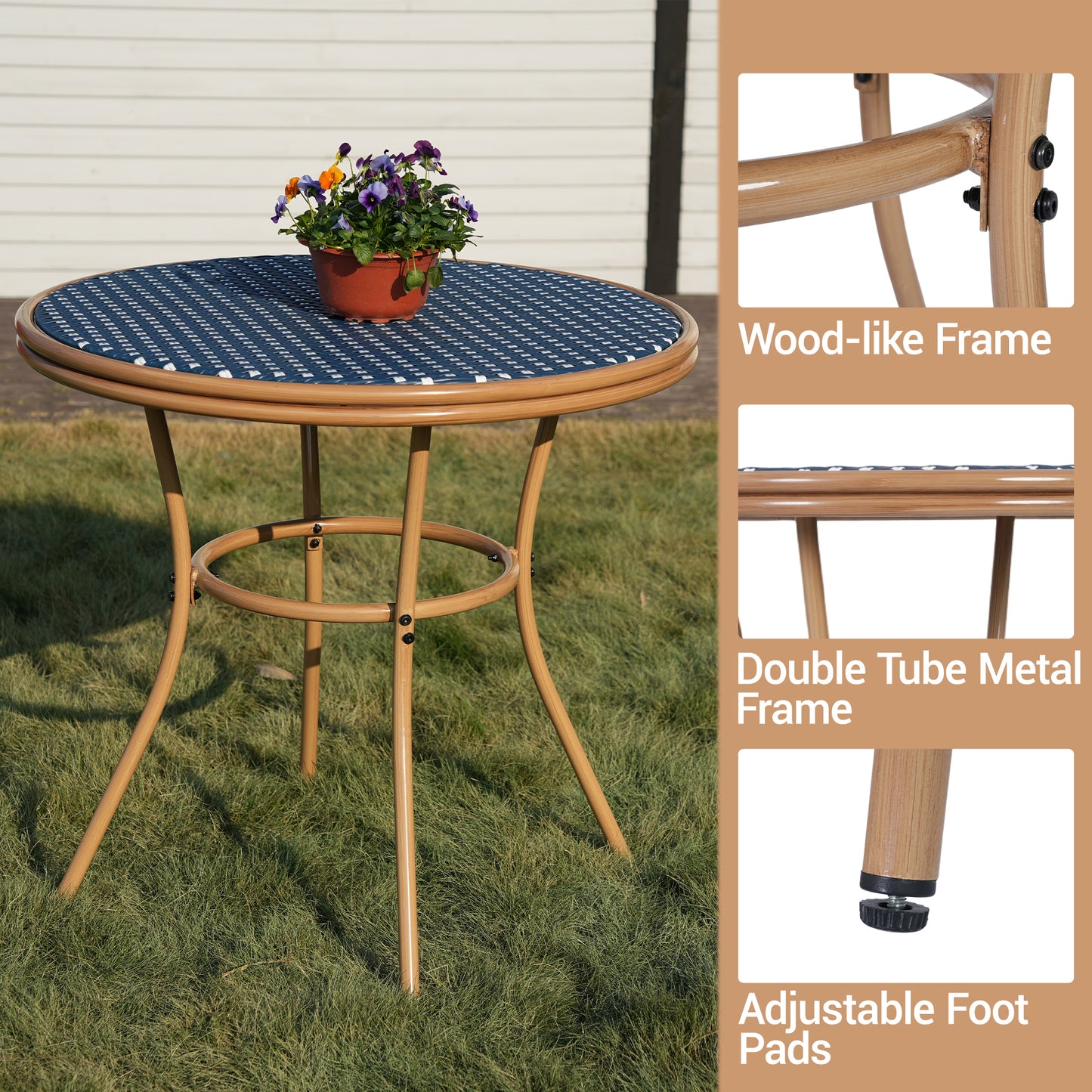 DELMANGO Round Outdoor Bistro Table with Matal Frame and Adjustable Foot Pads for Garden Balcony, Blue/White (Copy)
