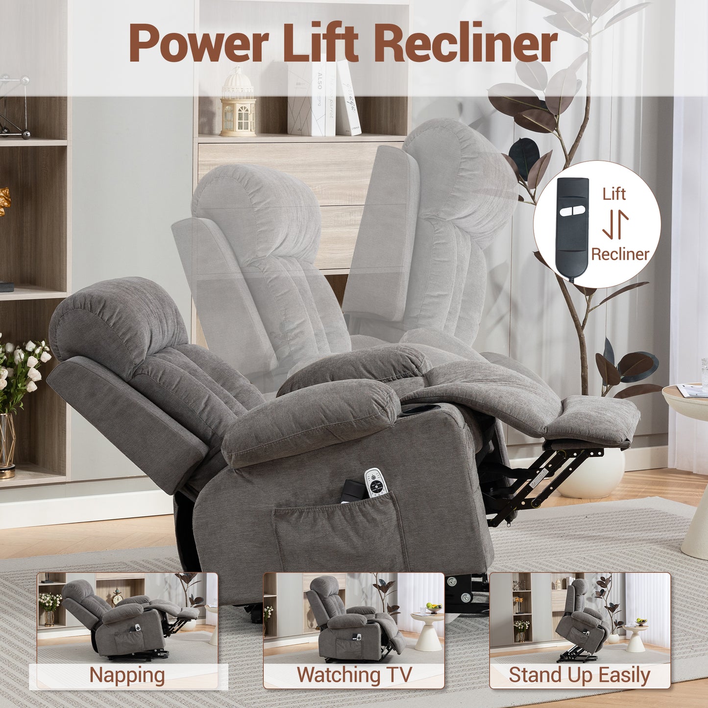 DELMANGO Power Lift Recliner Chair for Elderly, Electric Oversized Reclining Sofa with Vibration Massage & Heat, Cup Holder and USB Charging Port for Living Room, Brown