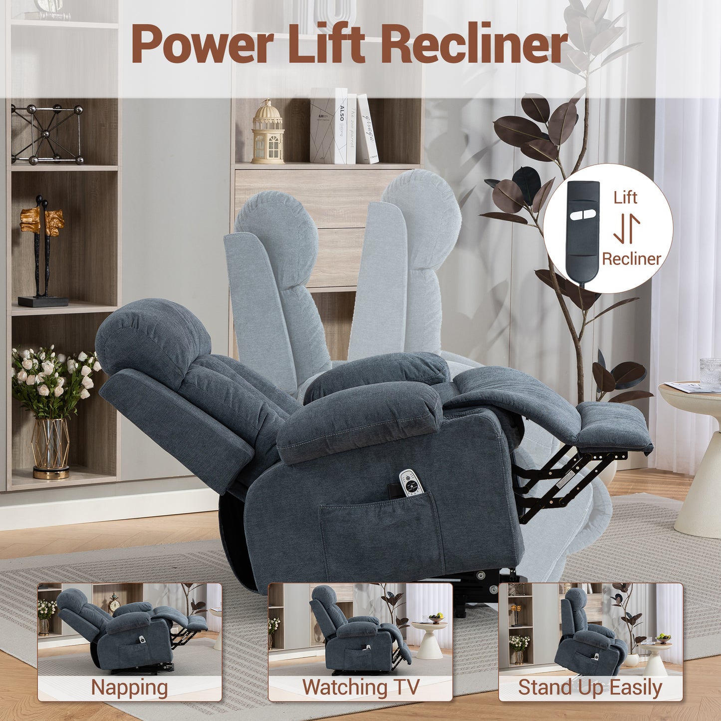 DELMANGO Power Lift Recliner Chair for Elderly, Electric Oversized Reclining Sofa with Vibration Massage & Heat, Cup Holder and USB Charging Port for Living Room, Blue